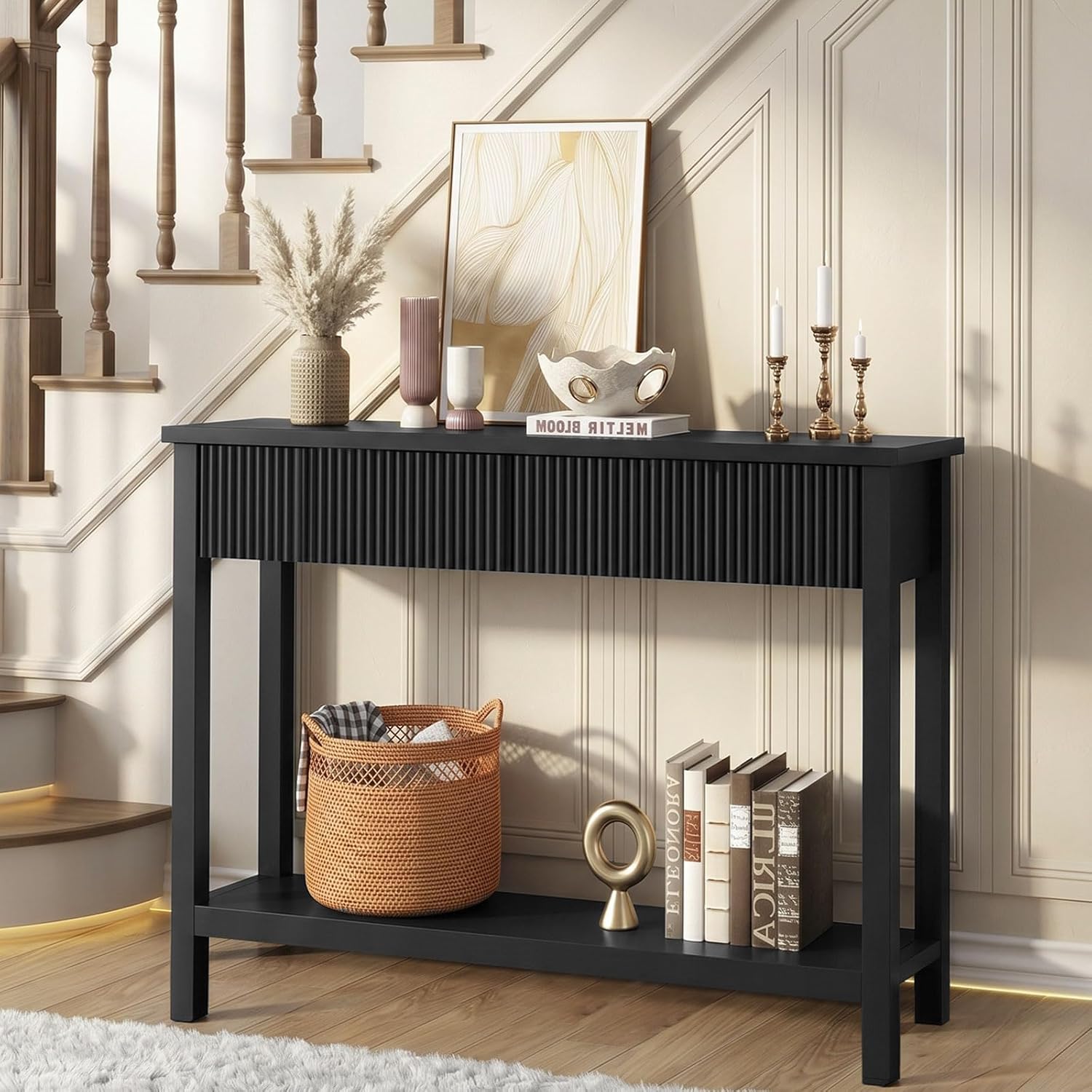 HOOBRO 39.4" Console Table with 2 Wavy Drawers, Narrow Long Entryway Table with Storage Shelf, 2 Tier Modern Sofa Table Wooden Behind Couch Table, Hallway Table for Living Room, Black BK89XG01N1