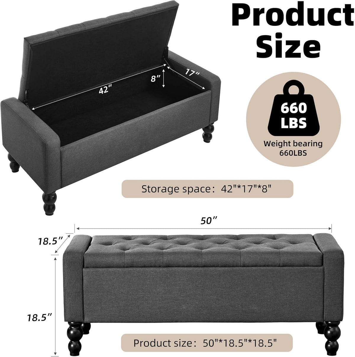 50" W Storage Ottoman Bench with Safety Hinge, Load up to 660 lb Ottoman with Storage, Upholstered Tufted Entryway Bench with Seating for Living Room, Bedroom, Entryway, Dark Gray