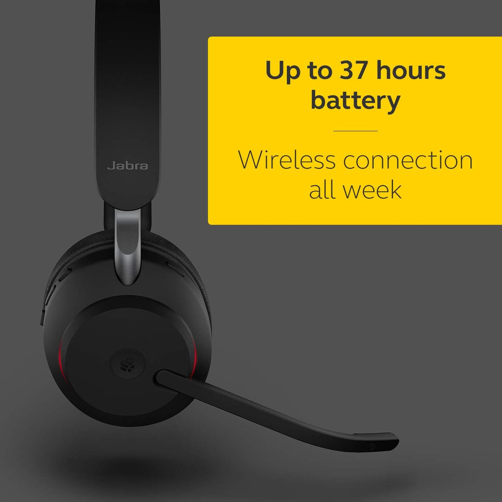 Jabra Evolve2 65 Bluetooth Wireless Headset with Mic for Calls and Music, Single-Ear Headphones with USB-C Adapter, Up to 37 Hours Battery, Works with Microsoft Teams, Black