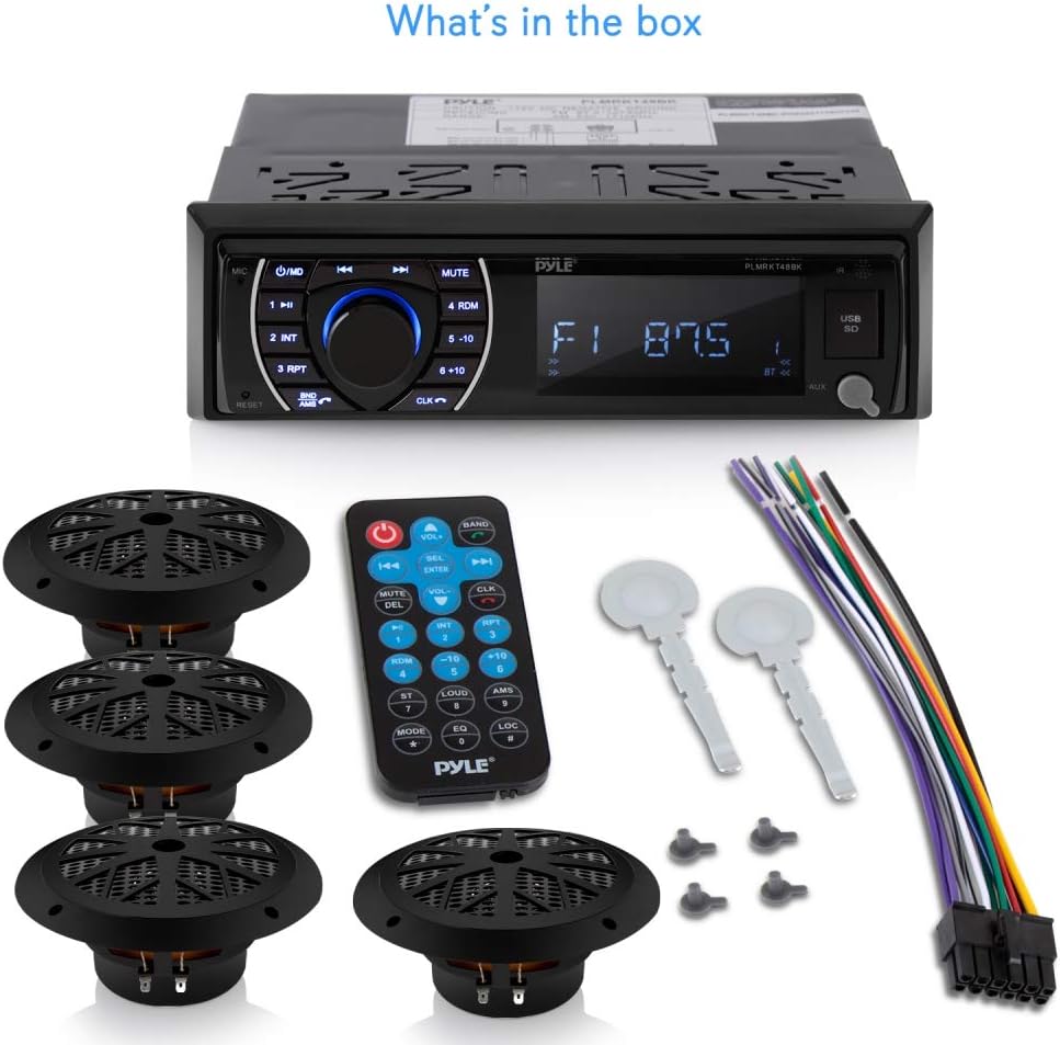 Pyle Marine Head Unit Receiver Speaker Kit - In-Dash LCD Digital Stereo Built-in Bluetooth & Microphone w/ AM FM Radio System 6.5'' Waterproof Speakers (4) MP3/SD Readers & Remote Control -PLMRKT48BK