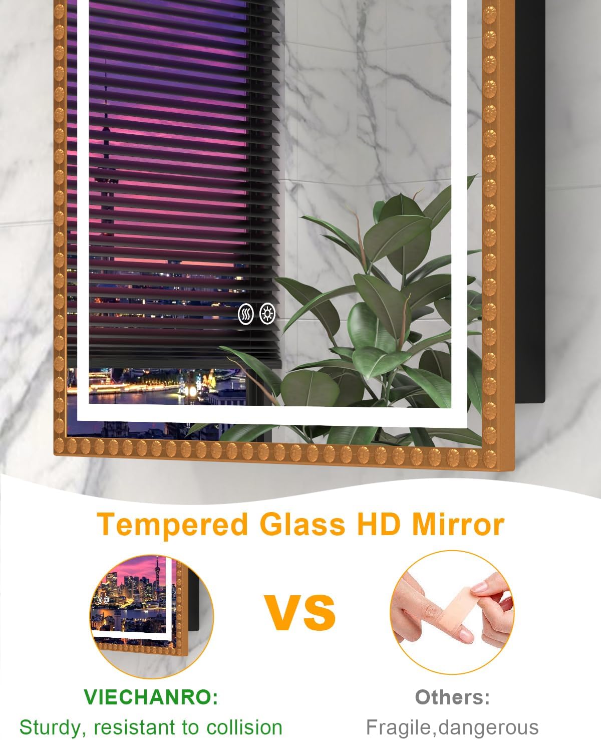 20x28 Inch Arched Medicine Cabinet with Mirror and Lights, LED Bathroom Mirror Cabinet with Defogging & Touch Light, Surface Mount and Recessed with 1 Storage Organizer, Daisy Beaded Frame Bling Gold