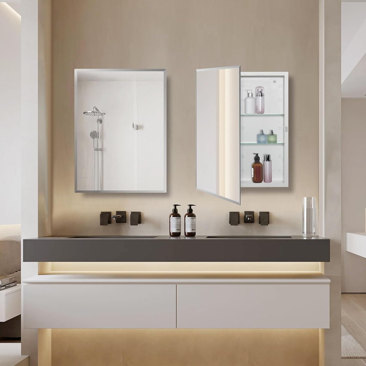 IDYLLOR Bathroom Medicine Cabinet with Beveled Edge Mirrored Door 20 x 26 inch, Recessed or Surface Mount, with Adjustable Glass Shelves