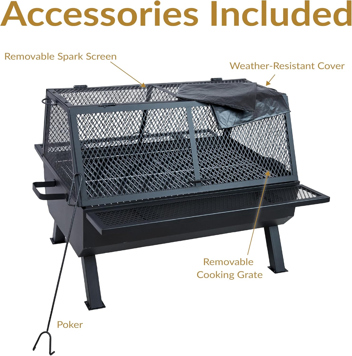 Sunnydaze 36-Inch Steel Outdoor Fire Pit with Grill and Spark Screen - PVC Protective Cover - Heat-Resistant Finish - Black