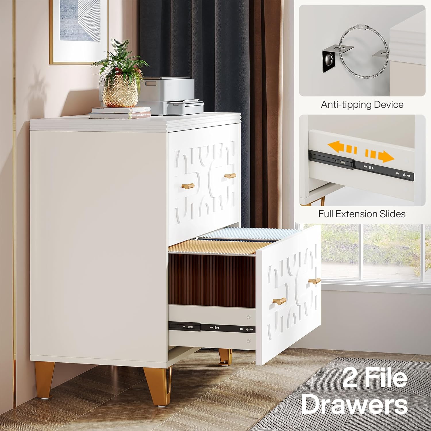 Tribesigns 2-Drawer Lateral File Cabinet, Modern White Filing Cabinet for Legal/Letter/A4 Size, Large Storage Filing Cabinet Printer Stand for Home Office, Warm White and Gold