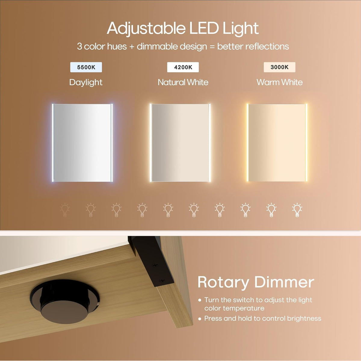 30 x 23-1/4 Inch LED Lighted Medicine Cabinet with Mirror, Moisture-Resistant Wood, Stepless Dimmable, 3000K/5500K, Adjustable Shelf, Flat-Pack Design – Assembly Required, Oak