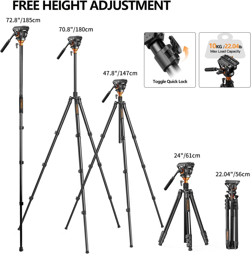 COMAN Camera Tripod with Fluid Head, Lightweight Compact Tripod for Camera with Detachable Monopod Aluminium Alloy and QR Plate for DJI Canon Nikon Sony DSLR Camera 70.8“ Max Load 22.04lb(FF06S)