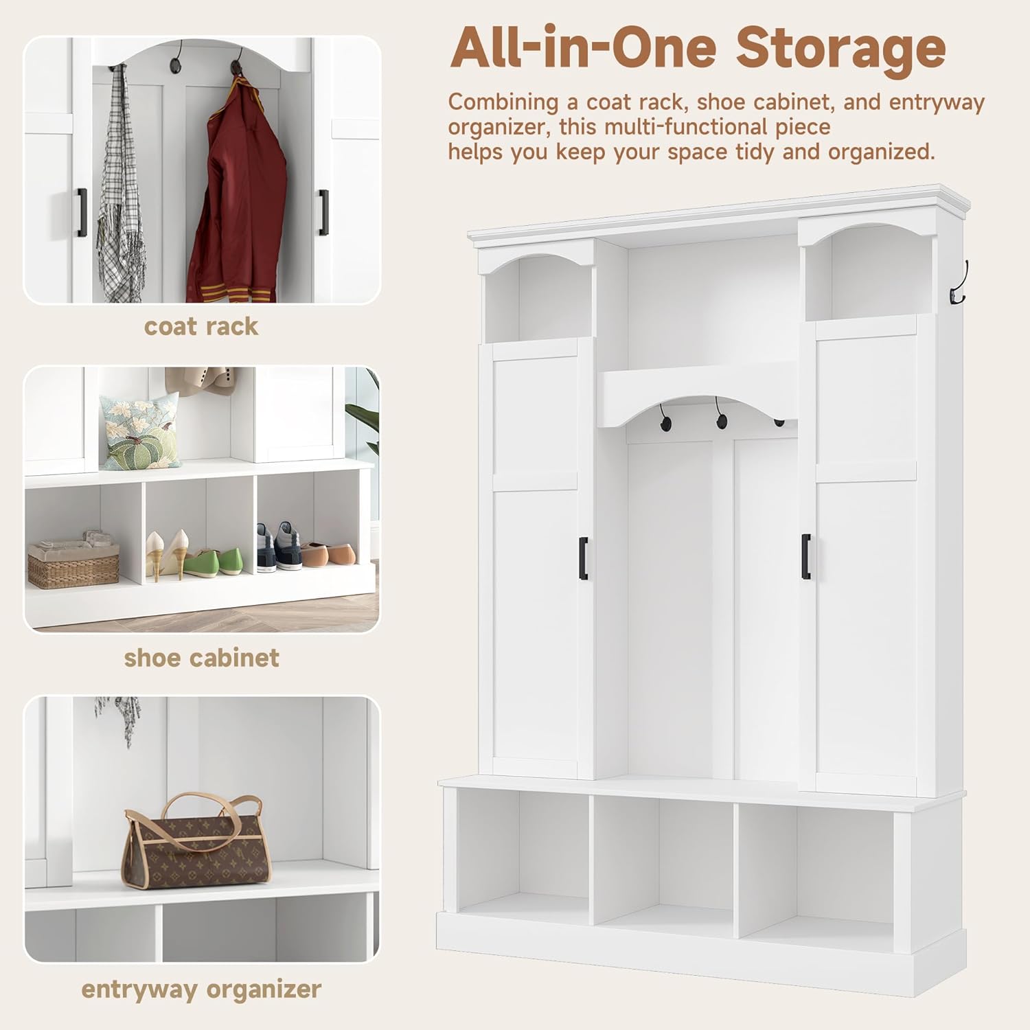 Modern All-in-One Hall Tree with Adjustable Shelves, Classic Arched Farmhouse Storage Bench with Dual Side Cabinets, Elegant Entryway Organizer with 7 Hooks for Mudroom, Hallway, White