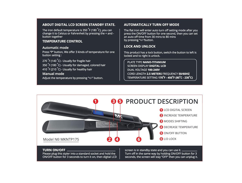 MK Nano Titanium Pro Hair Straightener 1.75 inch - Open Voltage 110-240 V