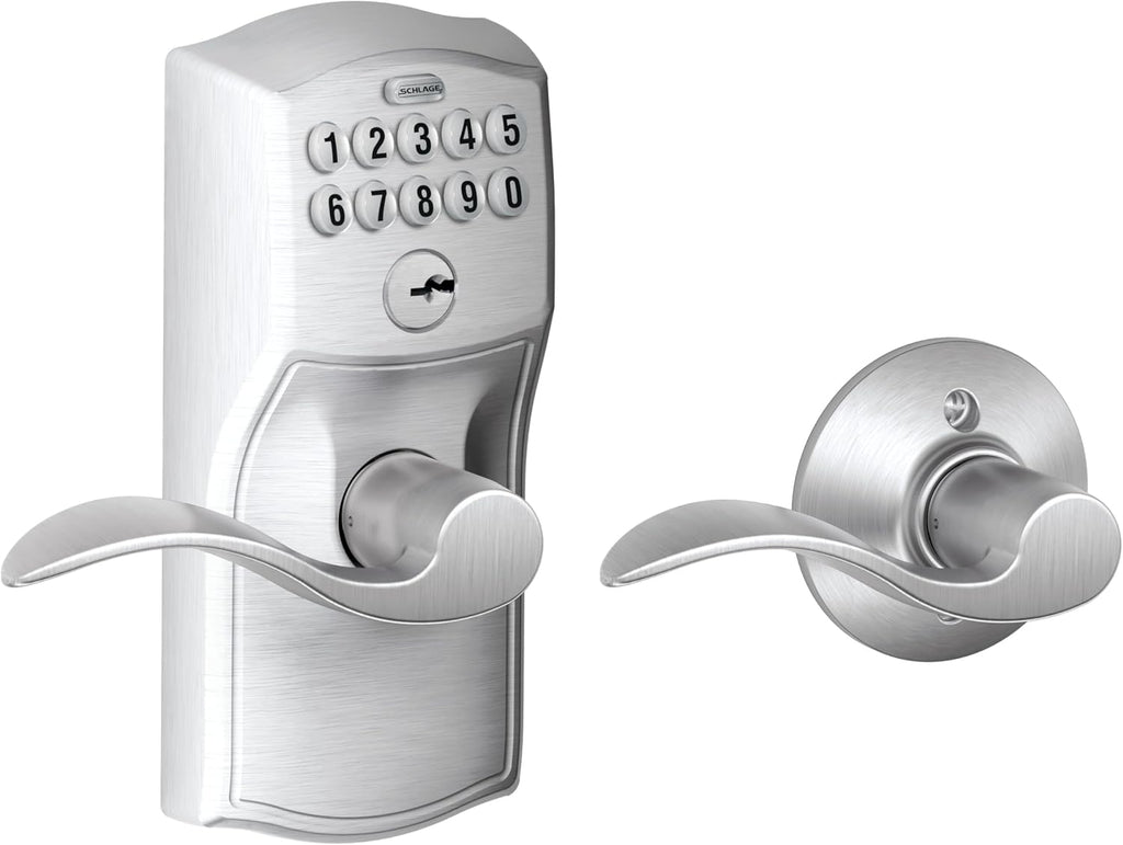 Schlage Camelot Keypad Lock with Lever Handle, Electronic Keyless Door Entry, Auto‑Lock Enabled, Satin Chrome, FE575 CAM 626 ACC