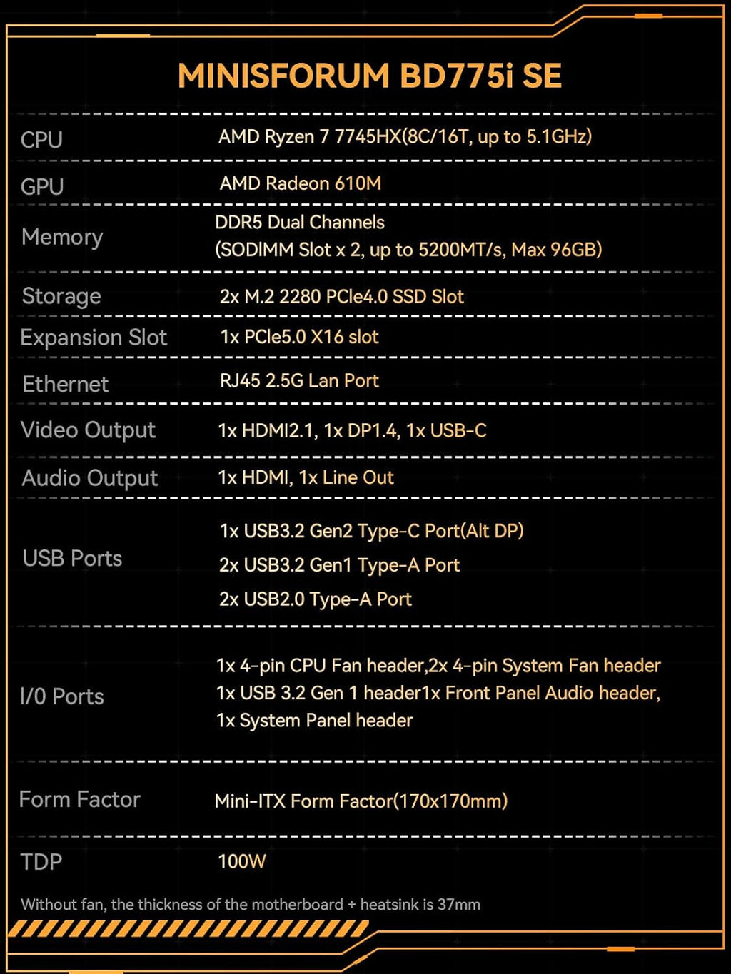 MINISFORUM Motherboard BD775i SE Mini ITX NAS Motherboard, AMD Ryzen 7 7745HX,8 C/16 T,PCIe 5.0 x16 Slot, Dual PCIe4.0 M.2 Support, DDR5,8K Triple Output(HDMI/DP/USB-C), RJ45 2.5G, USB 3.2