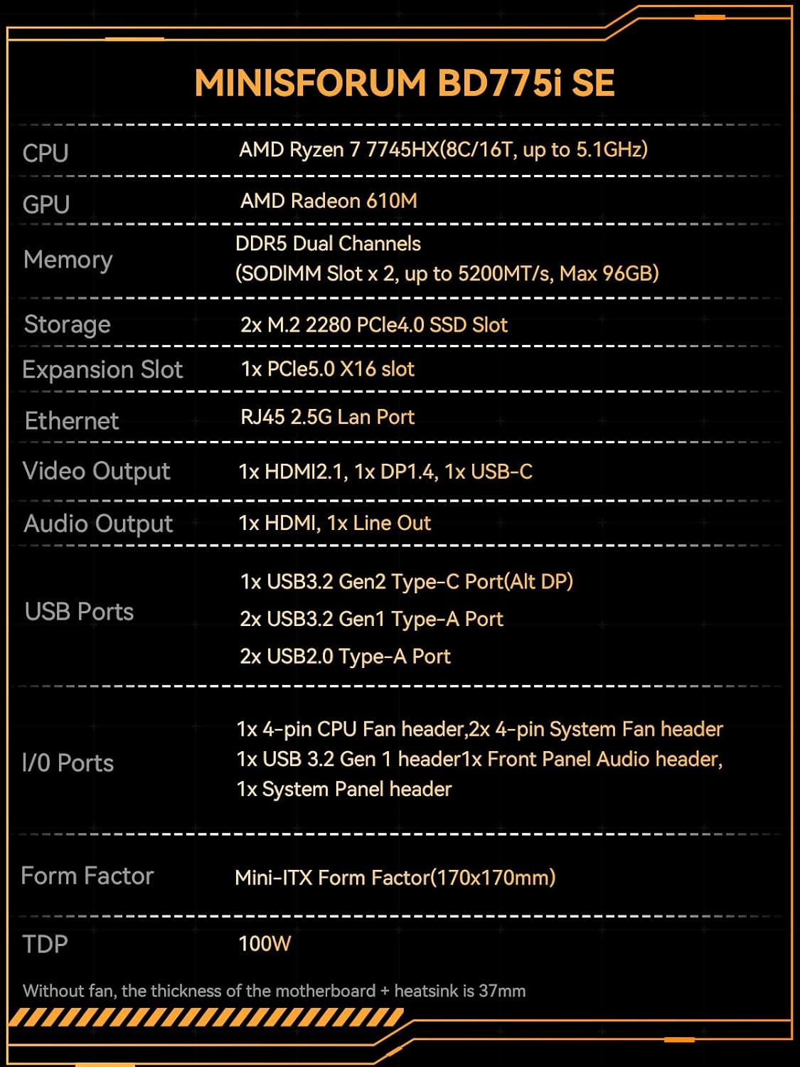 MINISFORUM Motherboard BD775i SE Mini ITX NAS Motherboard, AMD Ryzen 7 7745HX,8 C/16 T,PCIe 5.0 x16 Slot, Dual PCIe4.0 M.2 Support, DDR5,8K Triple Output(HDMI/DP/USB-C), RJ45 2.5G, USB 3.2