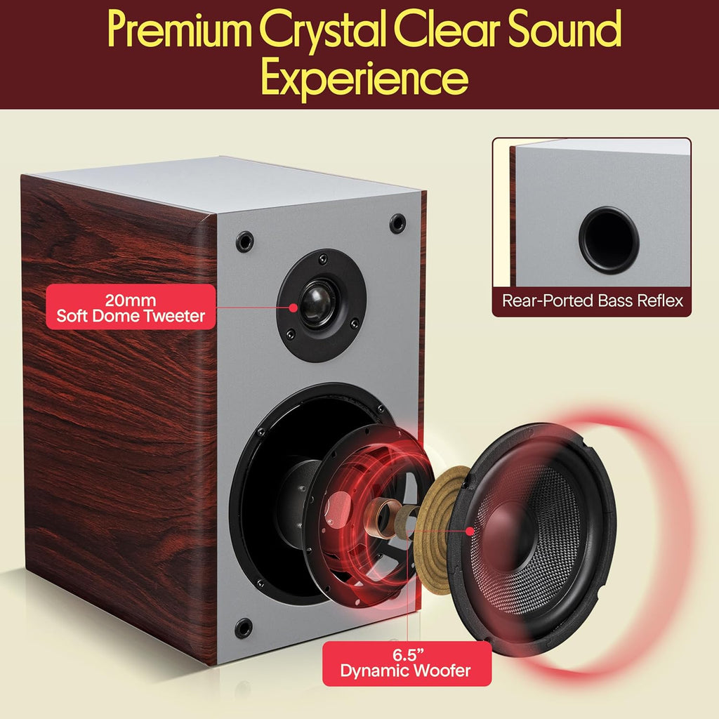 Pyle 6.5" Home Audio Speakers, 2-Way Passive Bookshelf, 240W Max Power, 1" Silk Dome Tweeter, Composite Woofer, Gold Plated 5 Way Binding Post, Rubber Surrounds, Beautiful Wood Grain Finish - Pair