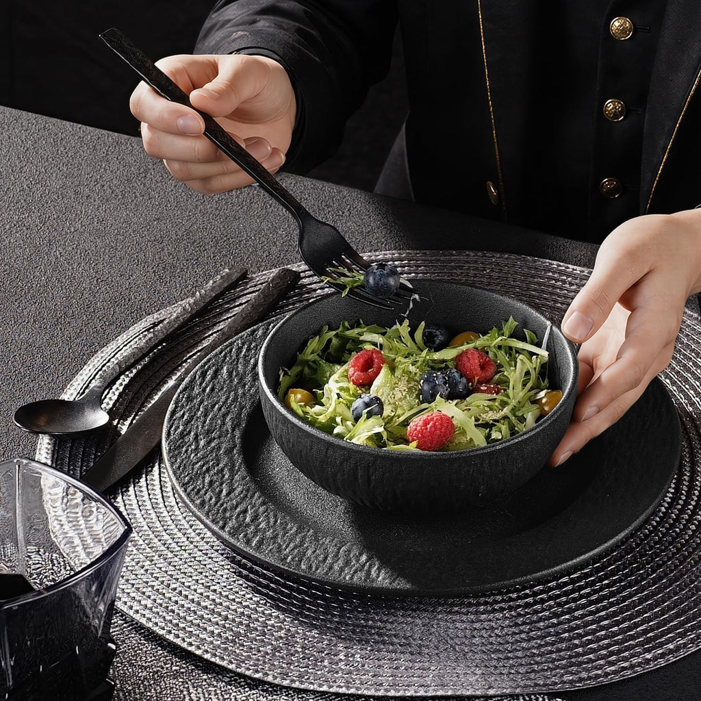 KINGSTONE Dinnerware Sets, 12-Piece Premium Porcelain dishes set, Matte Marble Pattern Plates and Bowls Sets for 4, Place Setting with Dinner Plate, Salad Plate, Pasta Bowl (Black)