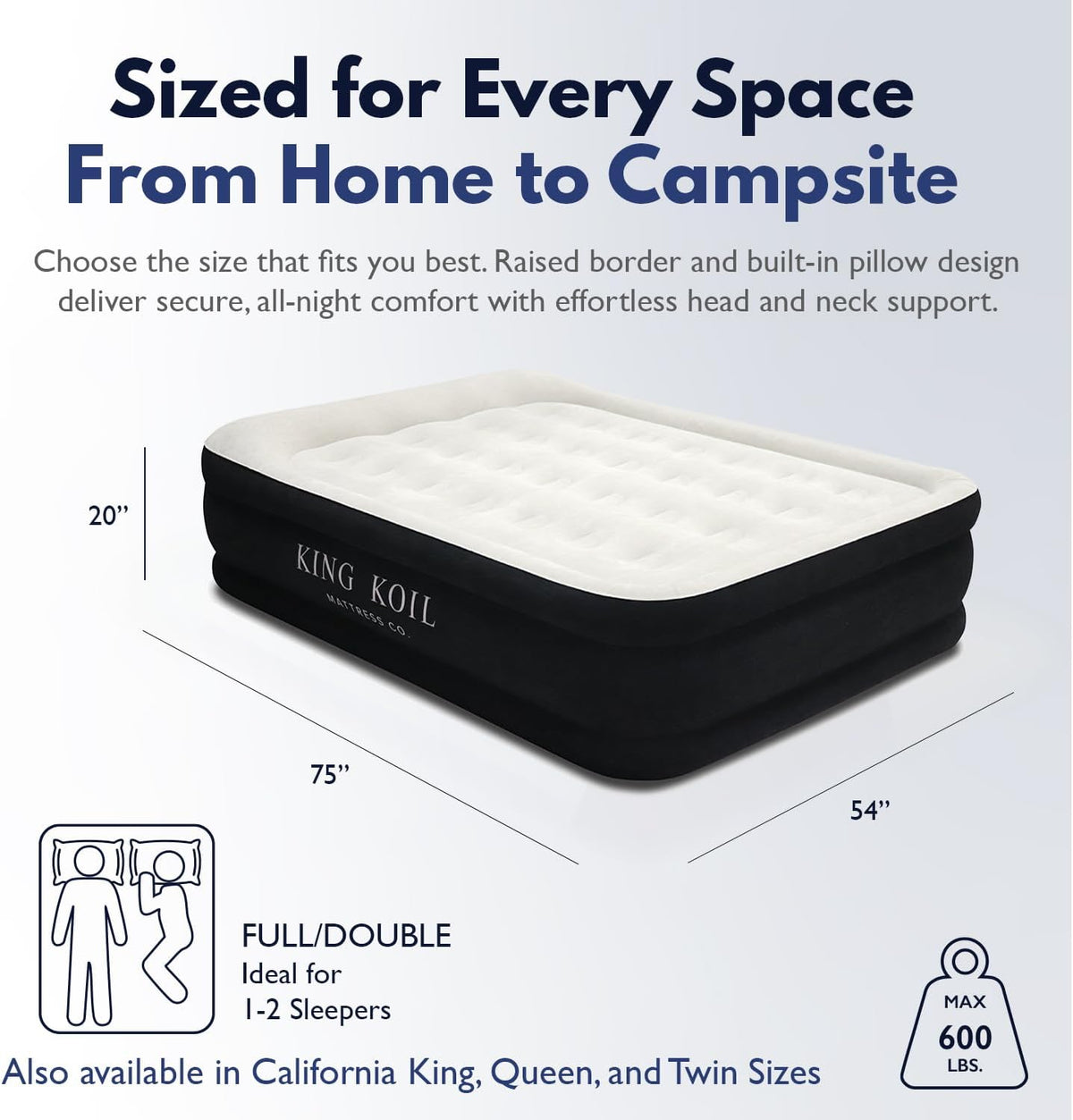 King Koil Luxury Full Size Plush Pillow Top Air Mattress with Built-in High-Speed Pump for Home, Camping & Guests 20" Inflatable Double High Blow Up Airbed, Durable, Waterproof