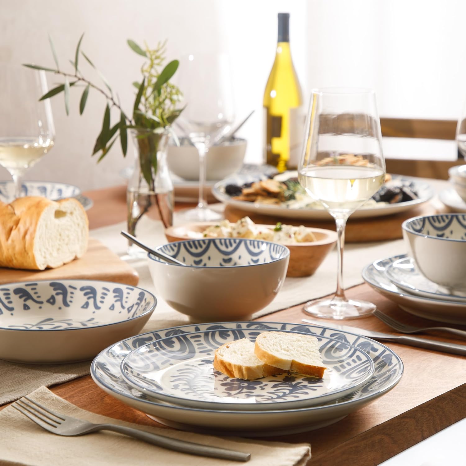 Bloomhouse - 2-Time Oprah's Favorite Things - Valencia Flor 16 Piece Dinnerware Set, Artisanal Decorated Stoneware Plates & Bowls, Service for 4, Microwave & Dishwasher Safe, Iris Blue