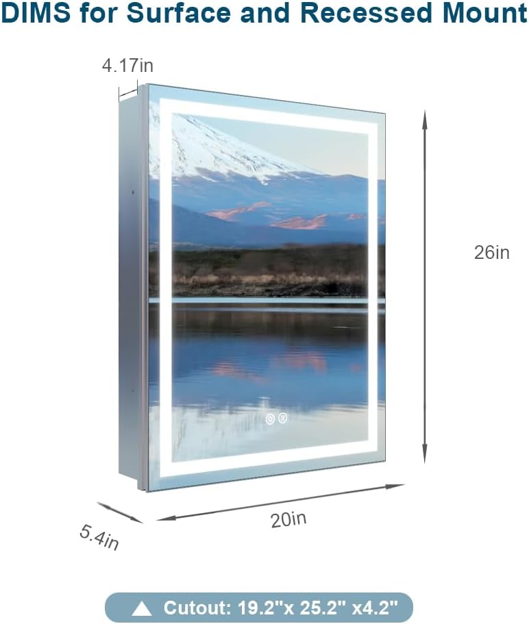 Bathroom Medicine Cabinet with Lights, 20"x26" LED Medicine Cabinet with Dual-Sided Mirror, Socket/USB, Adjustable Shelves & Organizer Box, Anti-Fog & 3-Color Dimmable LED with Memory, Full Aluminum