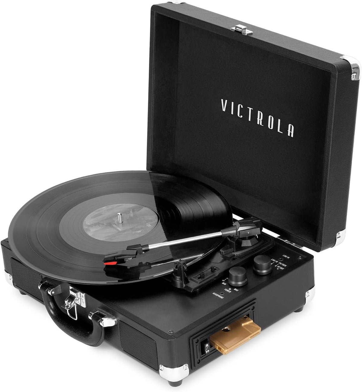 Victrola Journey+ Cassette – 3-Speed Bluetooth Suitcase Turntable with Built-In Speakers, Cassette Player & Vinyl Stream Technology, RCA Output & Aux In Support (Black)