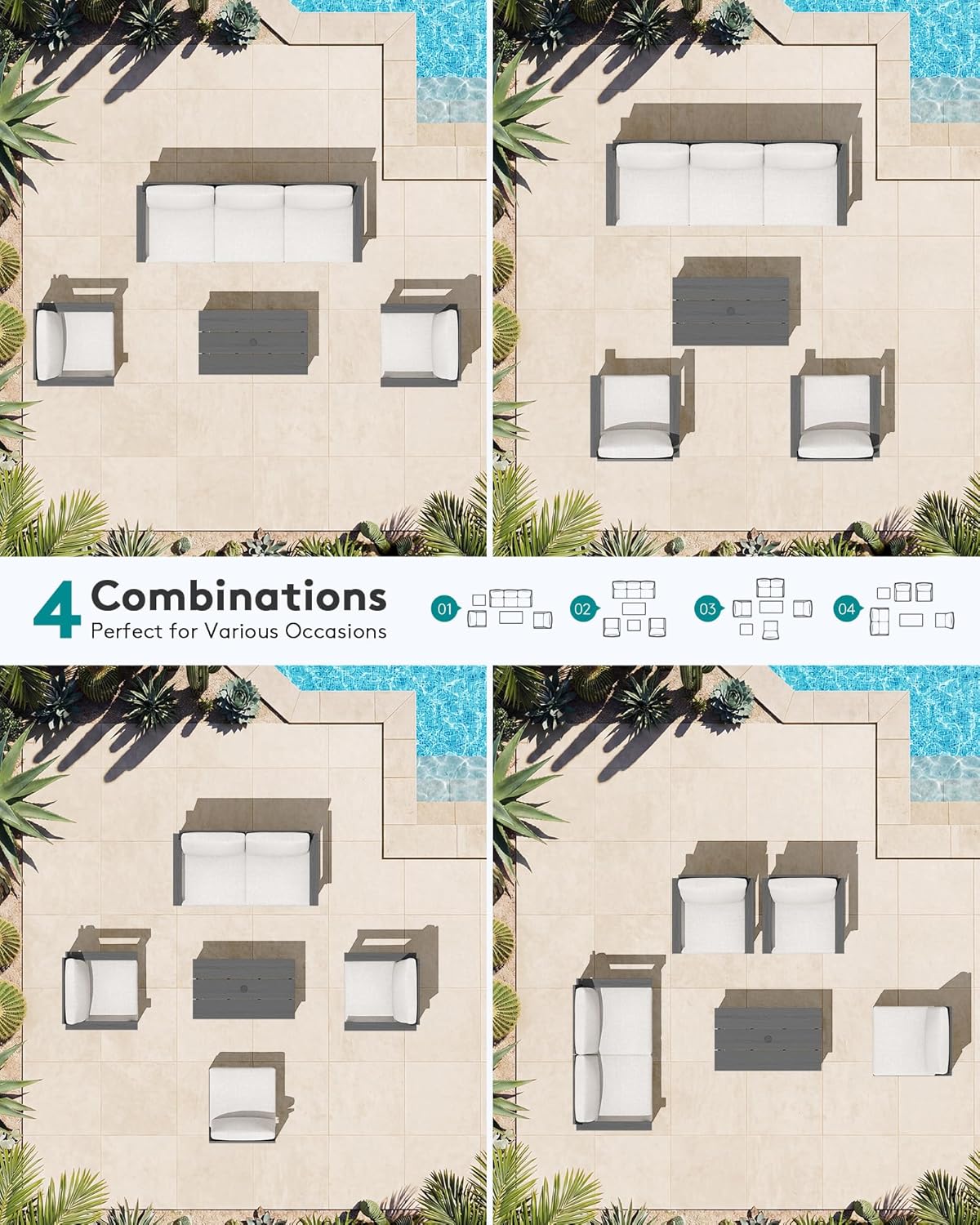 SERWALL HDPE Patio Conversation Set, 6-piece Sectional Outdoor Furniture Set, All Weather Outdoor Couch Set Patio Furniture Set for Deck, Lawn, Grey Frame with Khaki Cushion
