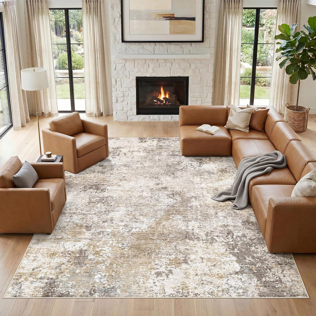 Nakagishi 10X14 Area Rugs for Living Room: Washable Modern Abstract Rug with Non-Slip Silicone Backing Low Pile Soft Carpet for Bedroom & Dining Decor Ideal for Families with Kids and Pets-Brown