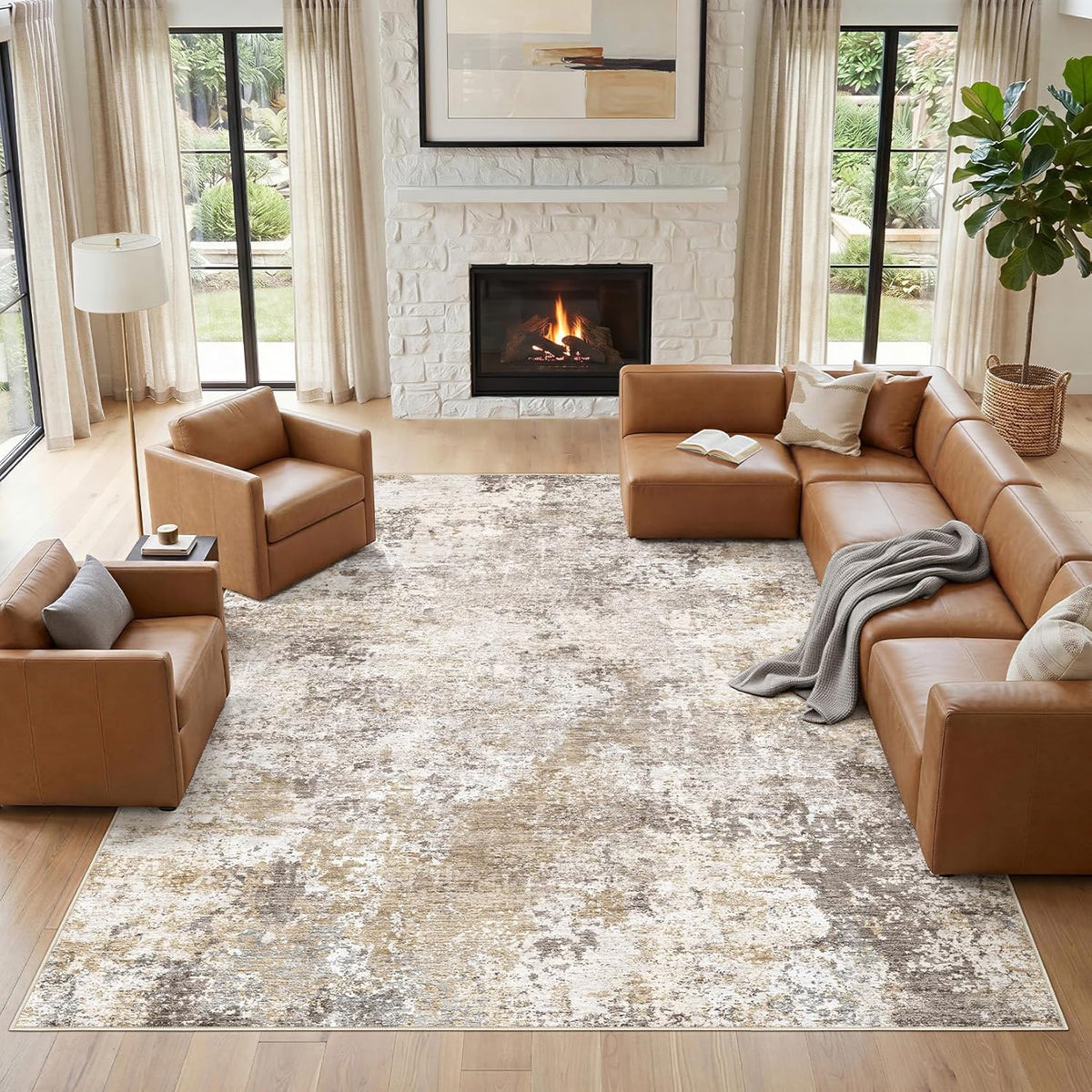 Nakagishi 10X14 Area Rugs for Living Room: Washable Modern Abstract Rug with Non-Slip Silicone Backing Low Pile Soft Carpet for Bedroom & Dining Decor Ideal for Families with Kids and Pets-Brown