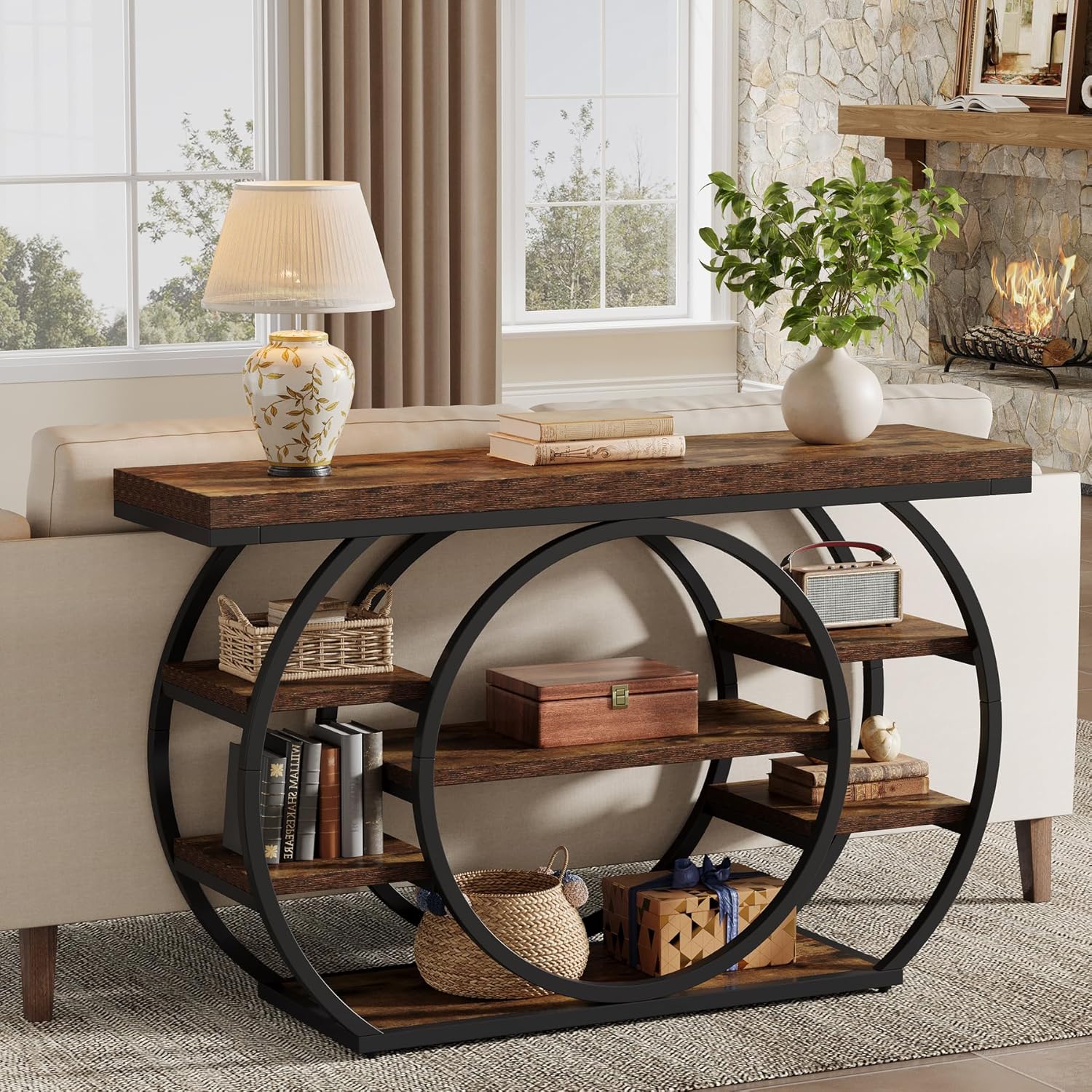 Tribesigns 47" Console Table for Living Room, 5-Tier Industrial Entryway Table with Metal Frame, Narrow Sofa Table Behind Couch Accent Tables for Entryway, Hallway, Foyer, Rustic Brown