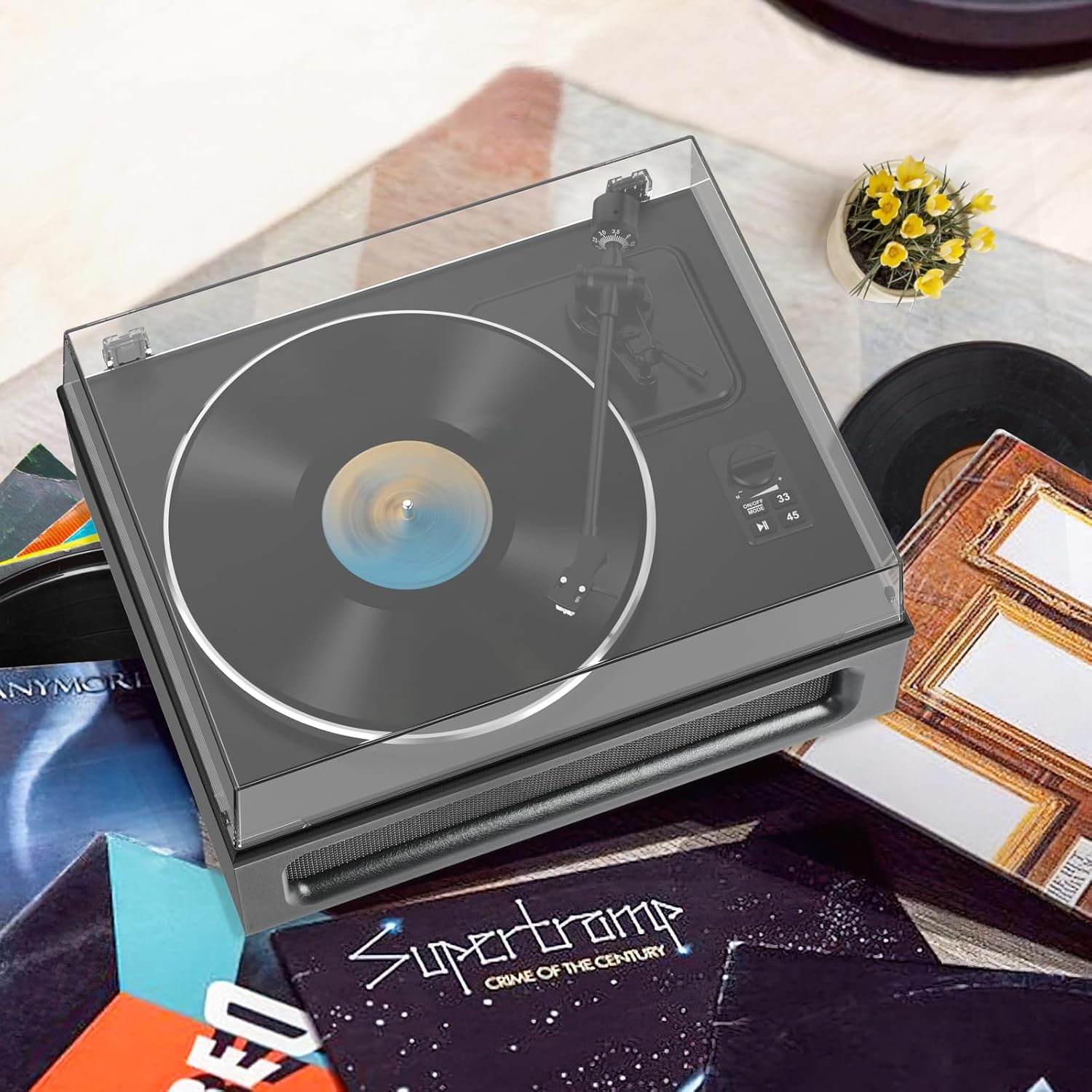 Record Player All-in-One Classic Turntable for Vinyls Records Built-in 4 Stereo Speakers High Fidelity Audio AT-3600L Phono Belt Drive Vinyl Players BT Wireless Pariing Aux-in RCA Auto Stop Pure Black