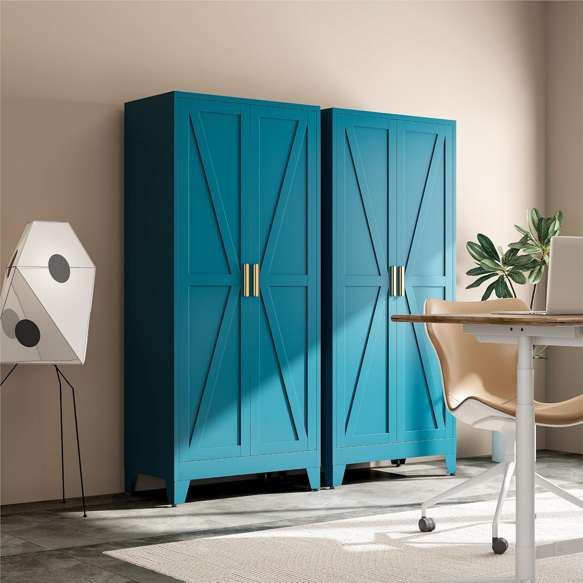 Metal Combination Cabinet, Utility Storage Cabinet with 4 Shelves, Farmhouse Pantry Closet with Doors, 71" Tall Storage Cabinets with Hanging Rod and Clothing Shelf for Bedroom Closet Laundry Mudroom