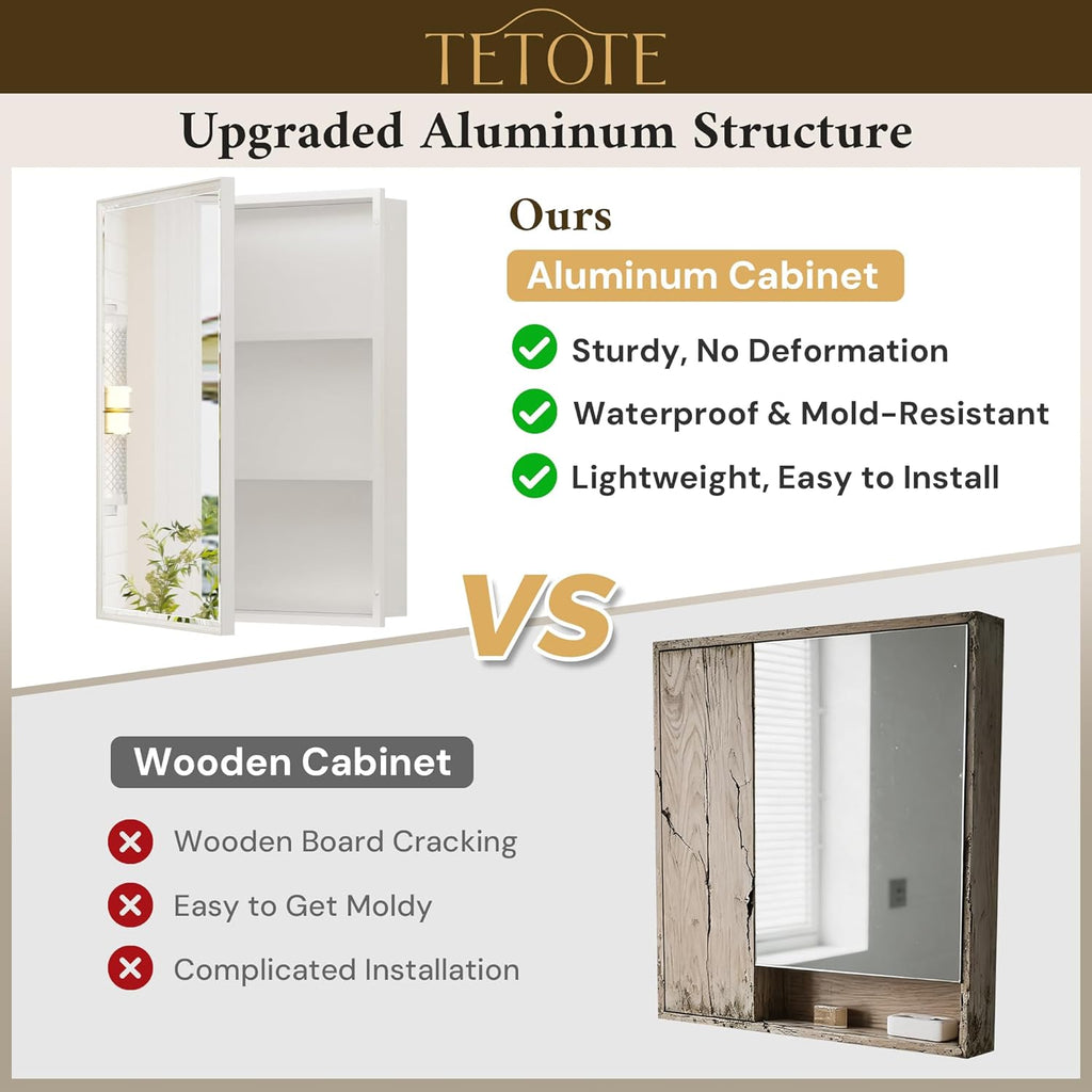 TETOTE 16" x 24" Medicine Cabinets for Bathroom with Tempered Mirror Recessed Medicine Cabinet with Aluminum Beveled Frame, Stepless Adjustable Shelves, DTC Hinge