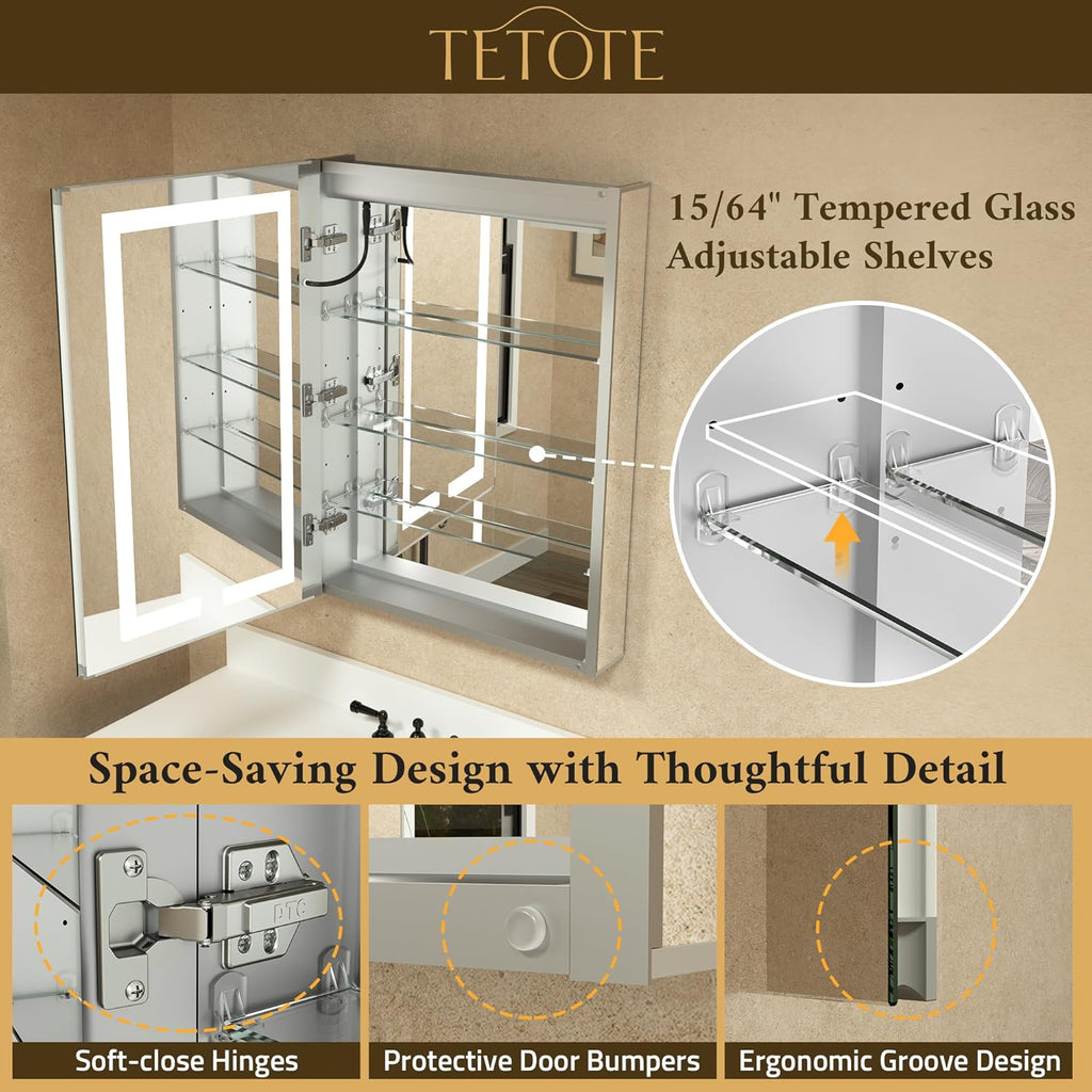 TETOTE LED Lighted Medicine Cabinet Mirror with Tempered Glass 16 x 24 Recessed or Surface Mount Bathroom Cabinet with Lights and Storage, Outlets & USB, 3-Color Dimming, Defog, Adjustable Shelves