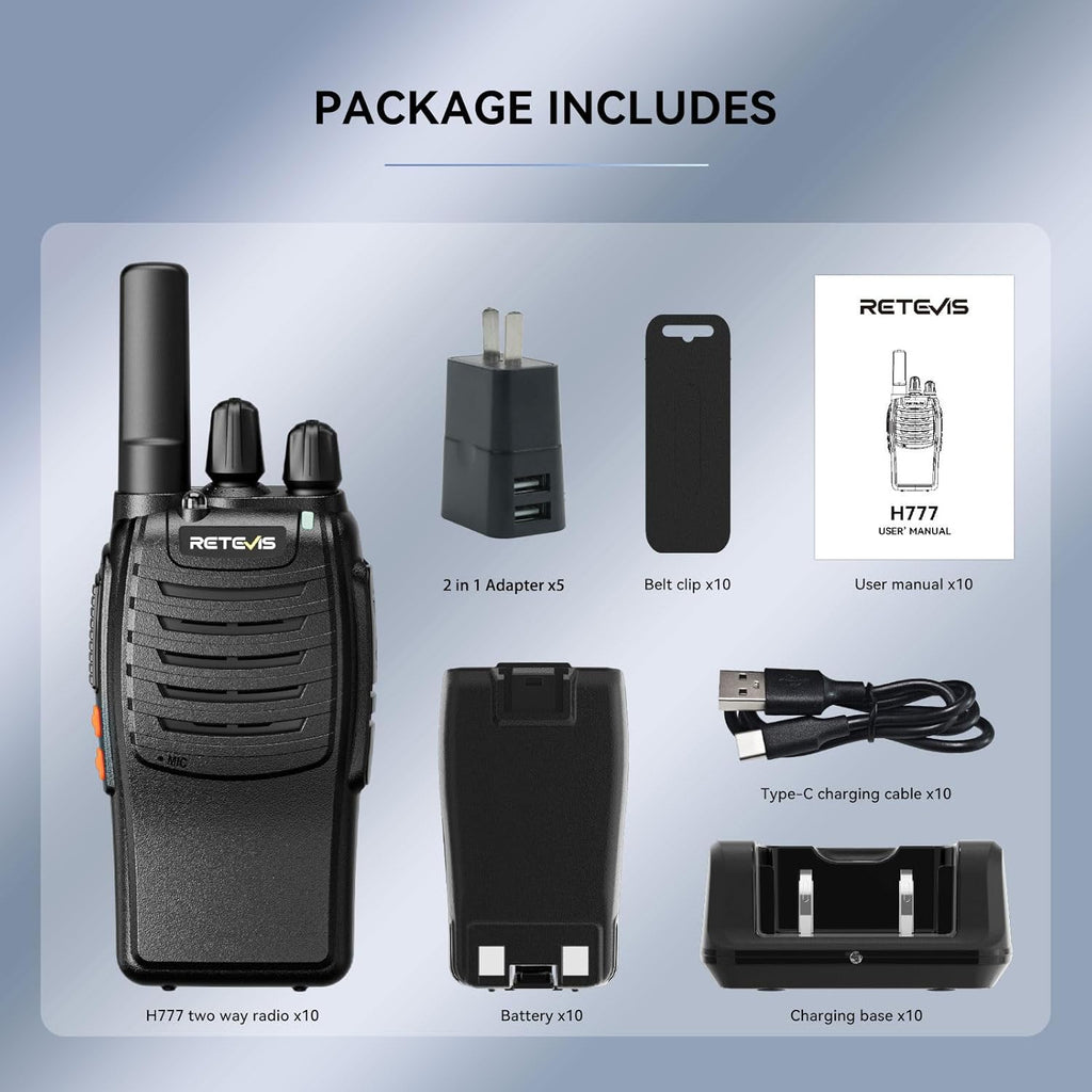 Retevis H-777 2 Way Radios, Walkie Talkies for Adults, Rechargeable Long Range Two Way Radio, Shock Resistant, Short Antenna for Business Education(10 Pack)