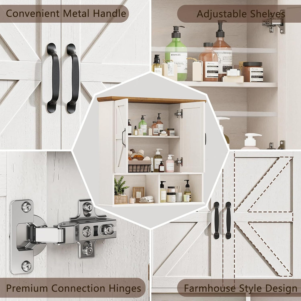 Bathroom Wall Cabinet, Farmhouse Medicine Cabinet with Double Barn Door and Adjustable Wood Shelf, Over The Toilet Storage Cabinet for Wall Mounted for Bathroom Laundry Room Kitchen (White and Brown)