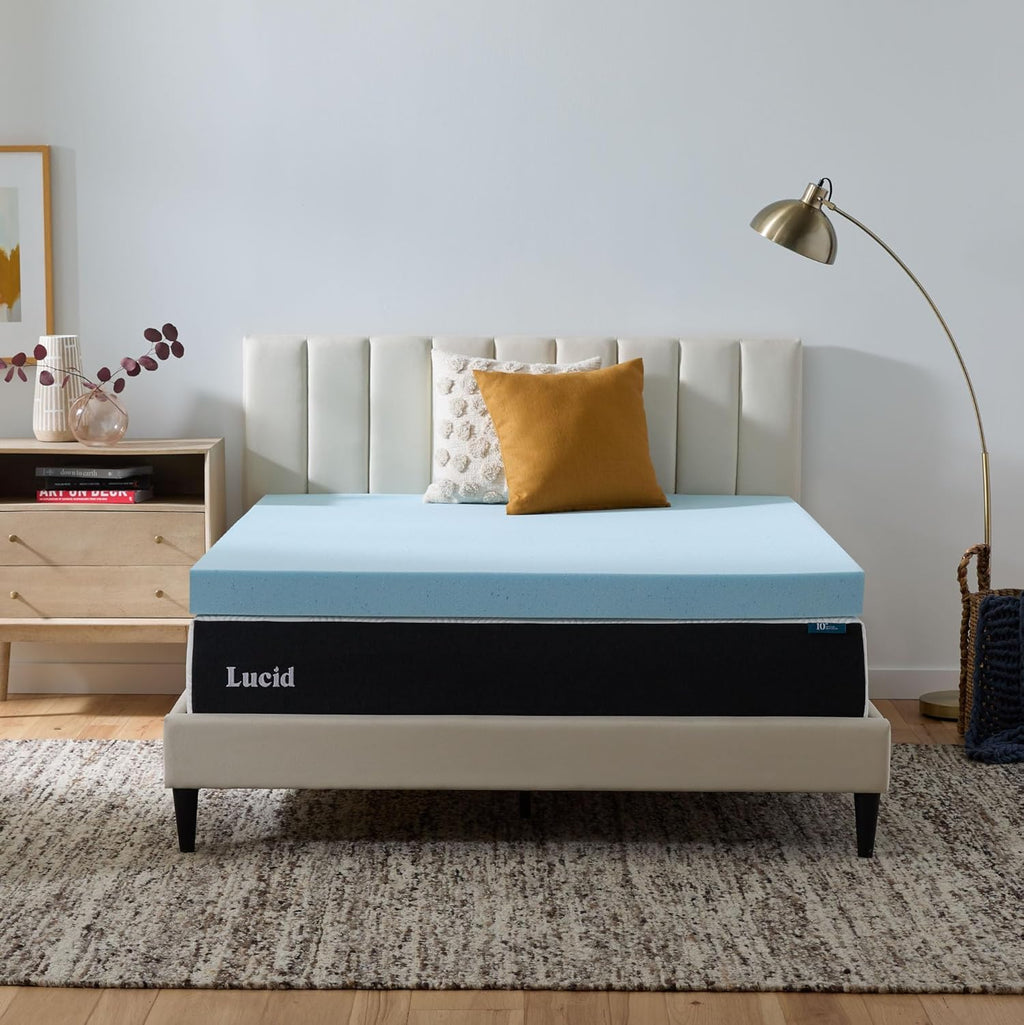 Lucid 4 Inch Memory Foam Mattress Topper, Queen Size – Cooling Gel Bed Topper – Preassure-Relieving Ultra Plush Feel – Ventilated Breathable Design – CertiPur Certified - Dorm Room Essentials