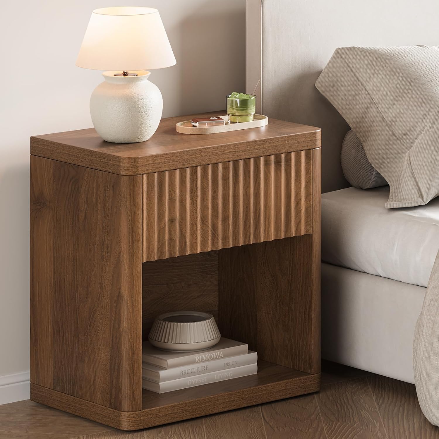 Night Stand Fluted Nightstand with Drawers, Wood Bedside Table End Tables, Large Storage Nightstands, Mid Century Modern Night Stands for Bedroom, Walnut
