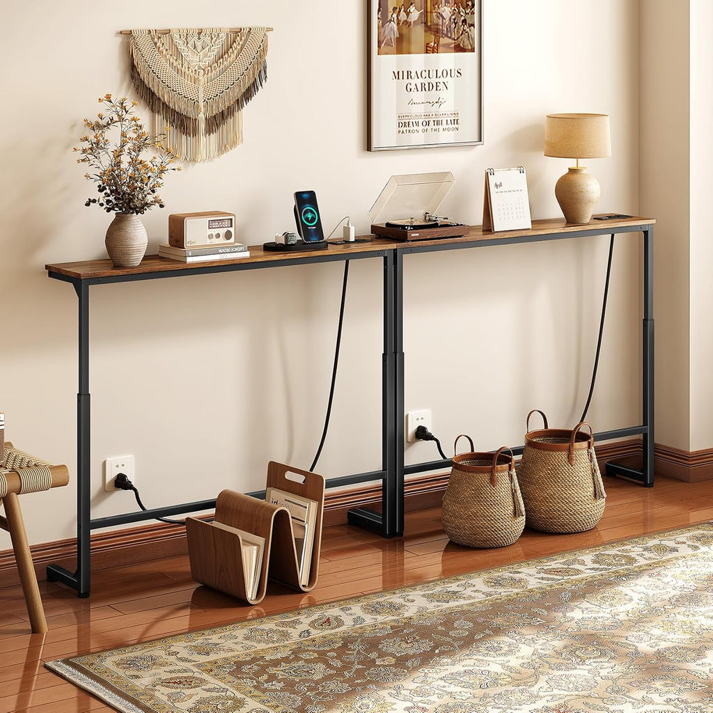 Kitstorack 2-Pack Rustic Brown Console Table, 7.9" Deep Panel, Adjustable Height (25"-33") & Built-in Power Outlets, Behind Sofa Couch, Includes 4.9' Power Cord - 78.8" Total Long