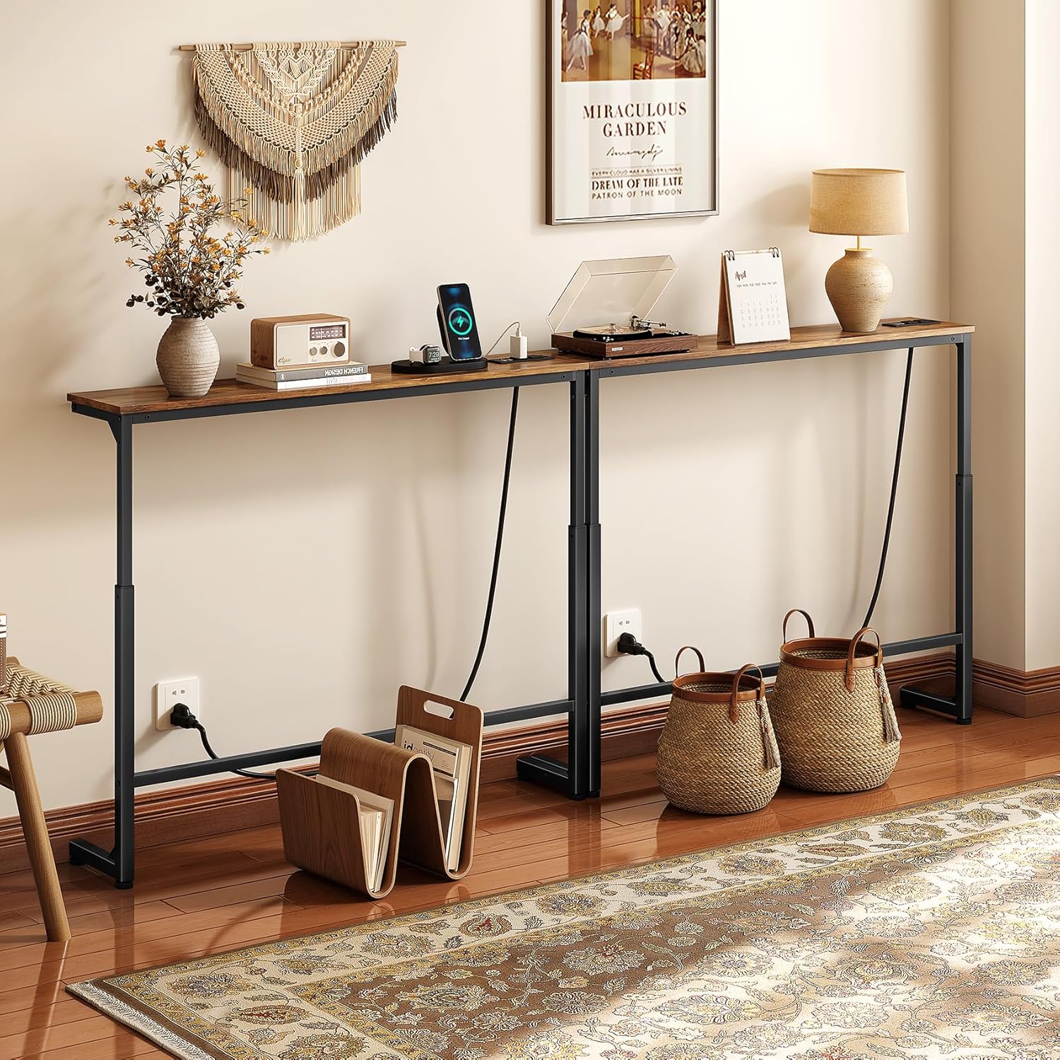 Kitstorack 2-Pack Rustic Brown Console Table, 7.9" Deep Panel, Adjustable Height (25"-33") & Built-in Power Outlets, Behind Sofa Couch, Includes 4.9' Power Cord - 78.8" Total Long