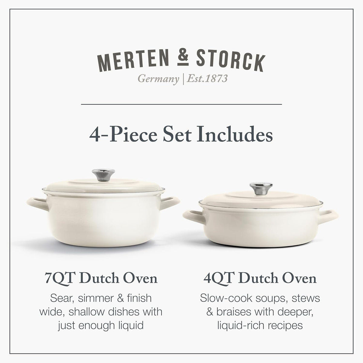 Merten & Storck 3.7QT & 5.5QT Dutch Ovens with Lids, 4 Piece Cookware Set, European Crafted Enameled Iron Stockpot, Induction & All Cooktops, Braising, Stews, Roasting, Slow Cooking, Sourdough, Cream White