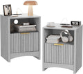 Marsail Fluted Nightstand Set of 2 with Charging Station, Adjustable Bedside Table with USB & AC Ports, Wood Grain Finish End Table, Sleek Wide Handle, Side Table for Bedroom, Light Grey