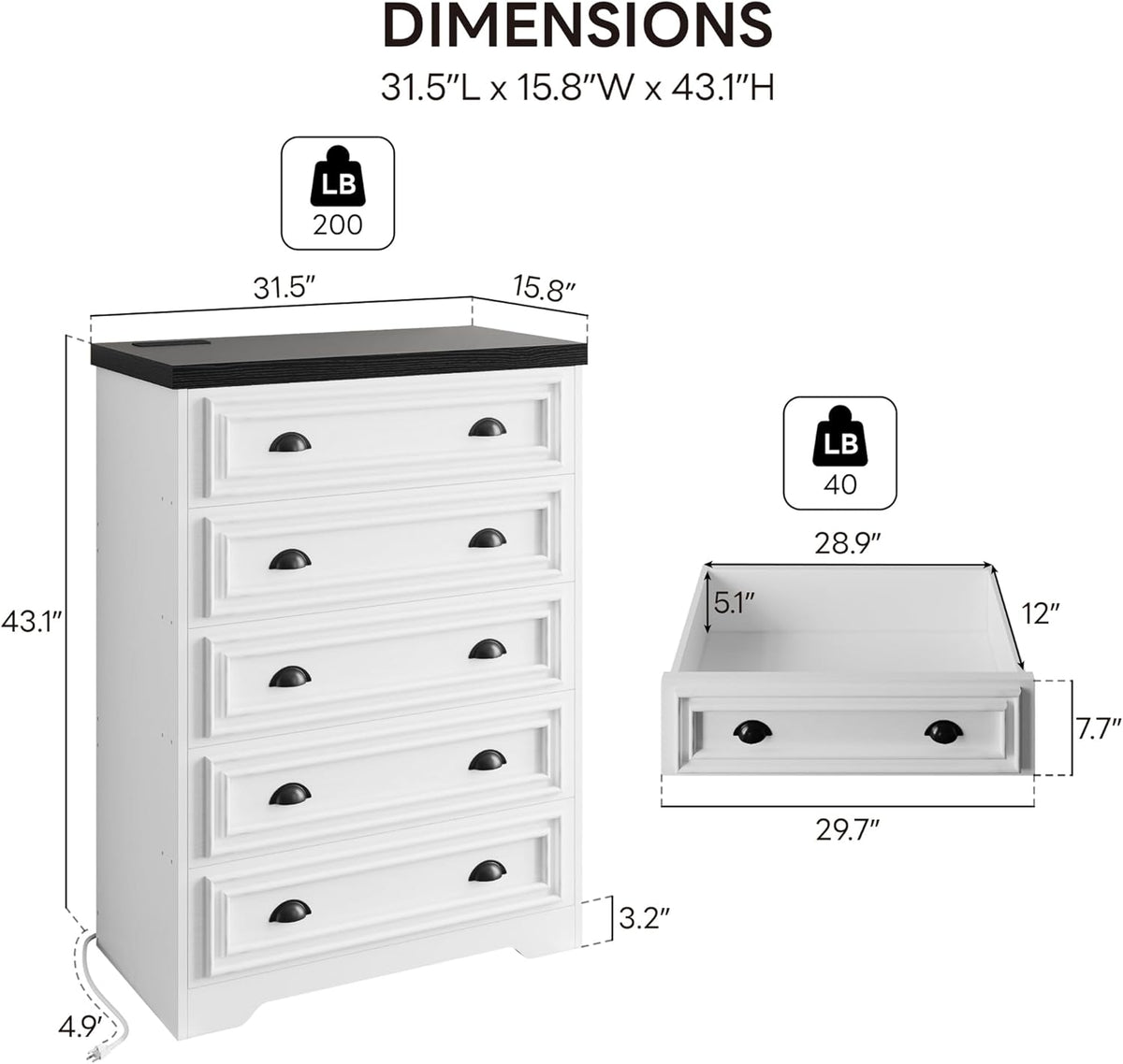 LIKIMIO 5-Drawer 43" Tall Dresser with Built-in Charging Station - Farmhouse Style Bedroom Storage Cabinet, Black &White