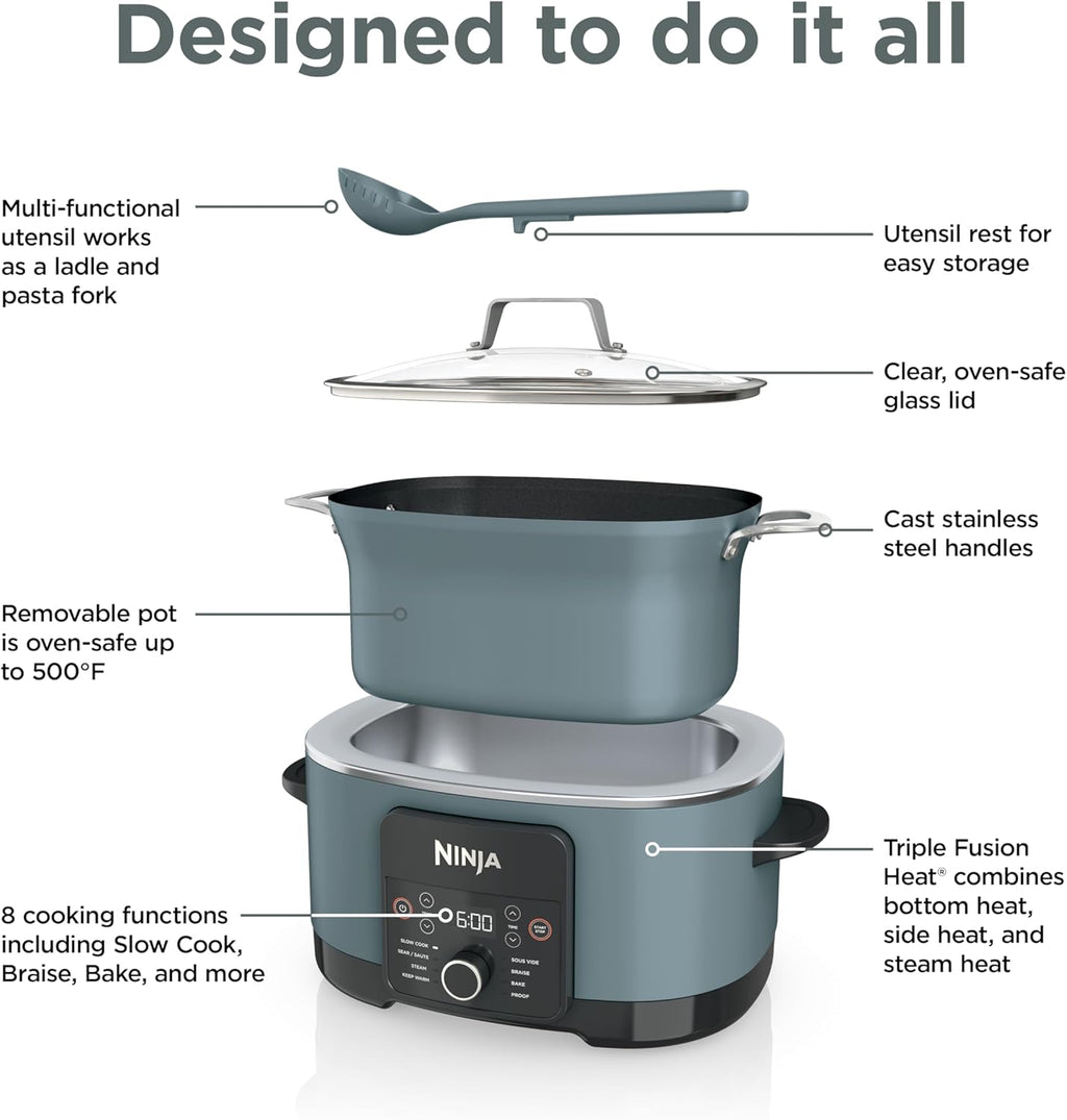 Ninja® 14-in-1 PossibleCooker™ PRO | 8.5qt, Sous Vide, Proof, Bake, & Steam Multicooker | Slow Cooker, Dutch Oven | Glass Lid & Integrated Spoon | Nonstick, Oven Safe Pot 500°F | Sea Salt Gray |MC1001