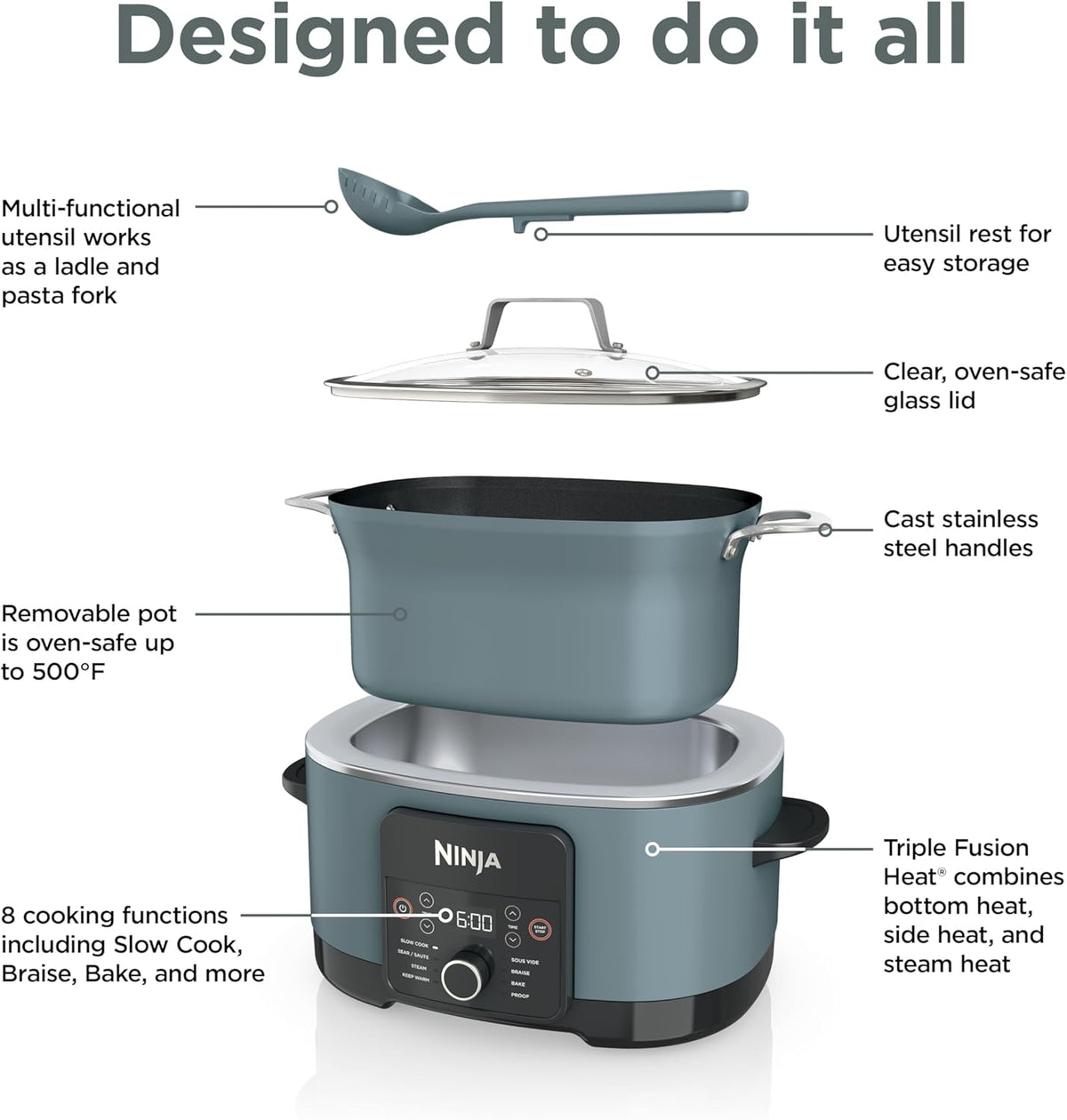 Ninja® 14-in-1 PossibleCooker™ PRO | 8.5qt, Sous Vide, Proof, Bake, & Steam Multicooker | Slow Cooker, Dutch Oven | Glass Lid & Integrated Spoon | Nonstick, Oven Safe Pot 500°F | Sea Salt Gray |MC1001