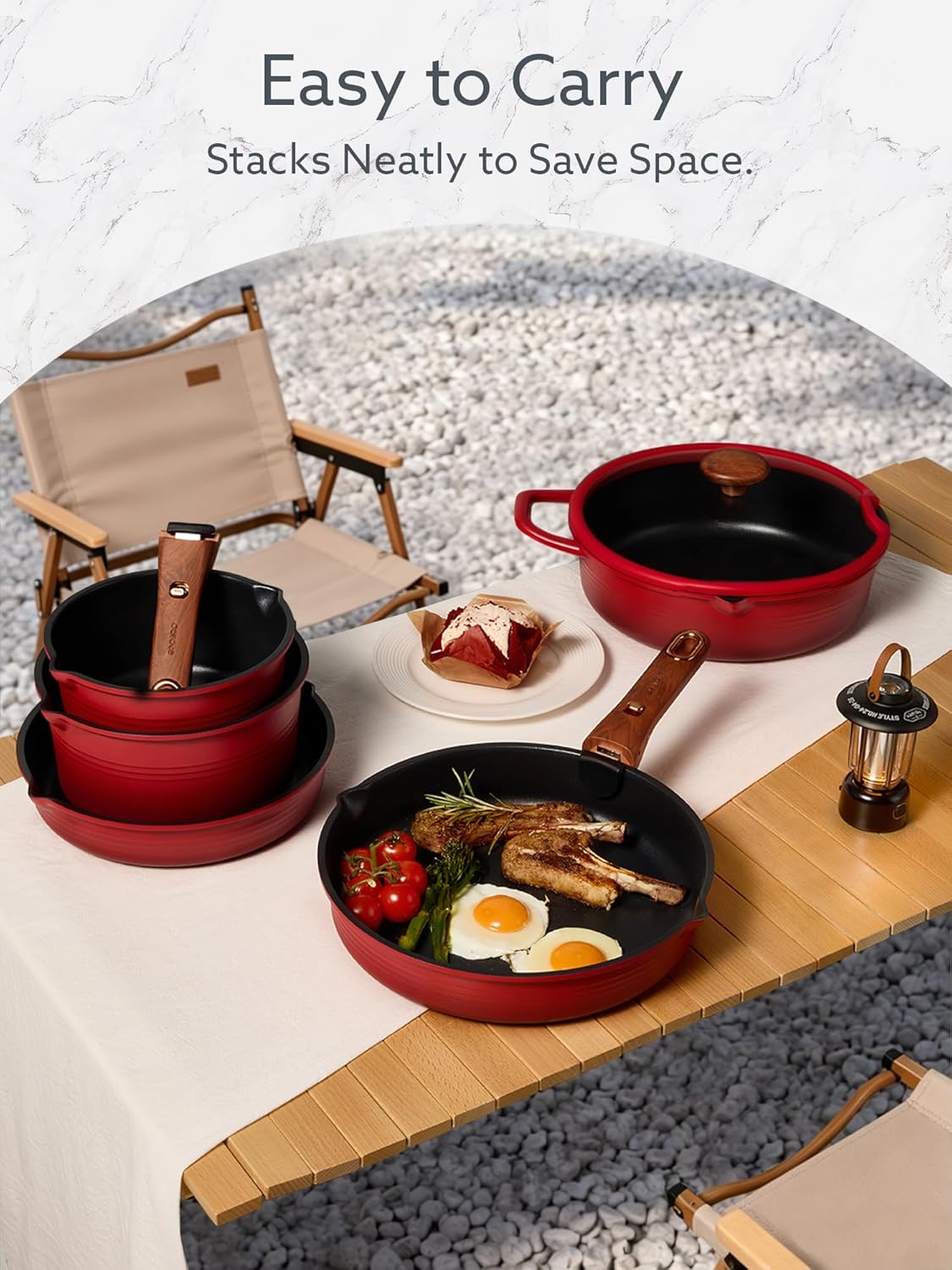 CAROTE 20Pcs Titanium Cookware Set, Pots and Pans Set Non Stick, Kitchen Cooking Set with Detachable Handle, Non Toxic Induction Cookware - Camping Cookware, Dishwasher/Oven Safe, Red