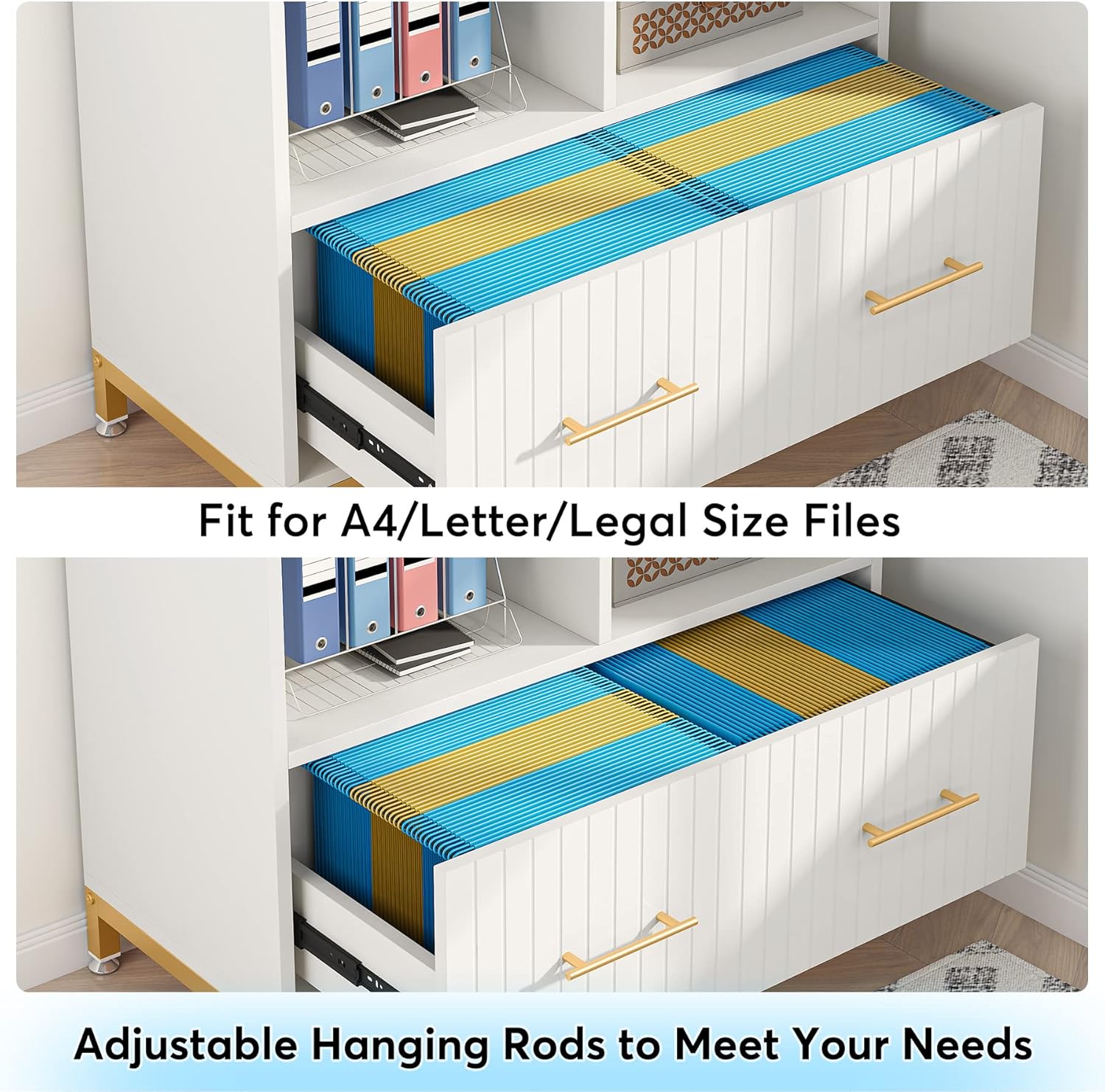 Tribesigns Lateral File Cabinet with Drawer, White Filing Cabinet for Letter/Legal/A4 Size Files, 35.4" Modern Wood File Storage Cabinets Printer Stand with Storage for Home, Office, White Gold