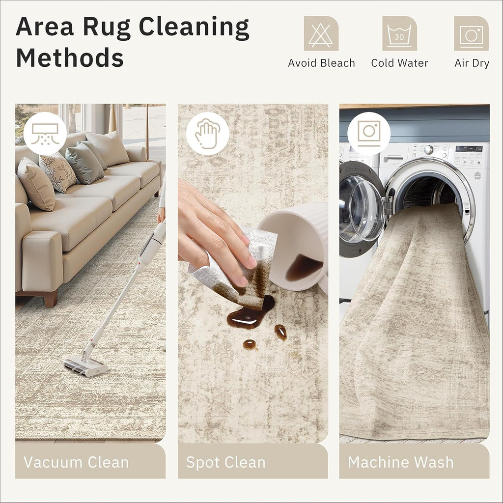 Soalmost 9x12 Area Rugs for Living Room, Non Slip Machine Washable Vintage Rugs, Low Pile Lightweight Large Rug for Bedroom, Dining Room, Home Office Beige