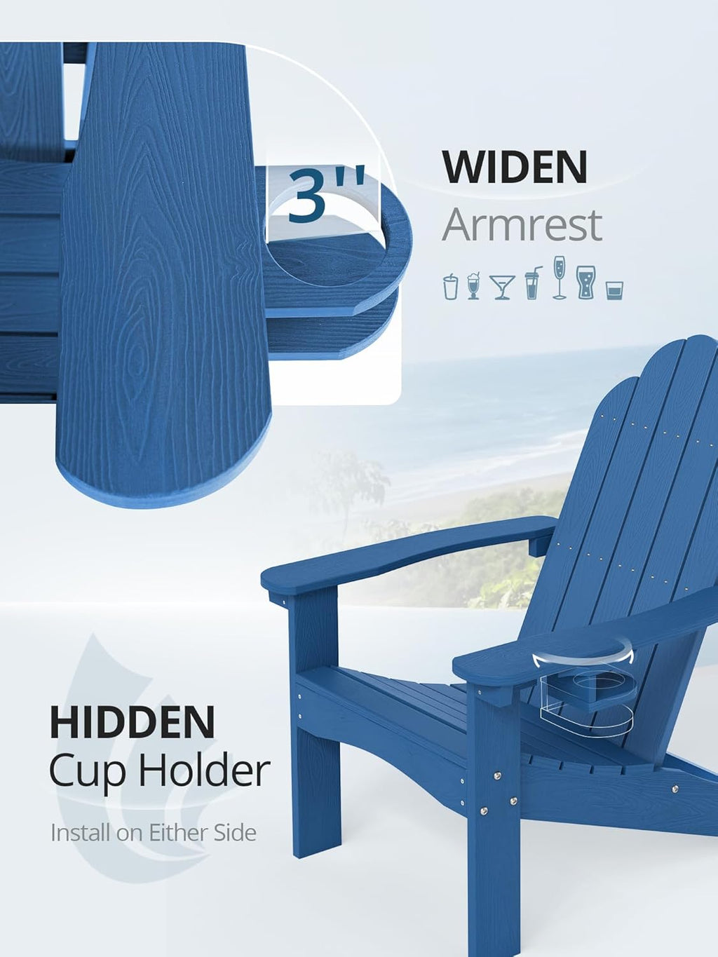 LUE BONA Adirondack Chairs Set of 4 - Weather Resistant Seating with Cup Holder for Poolside, Fire Pit, Deck & Resort Patio, Blue