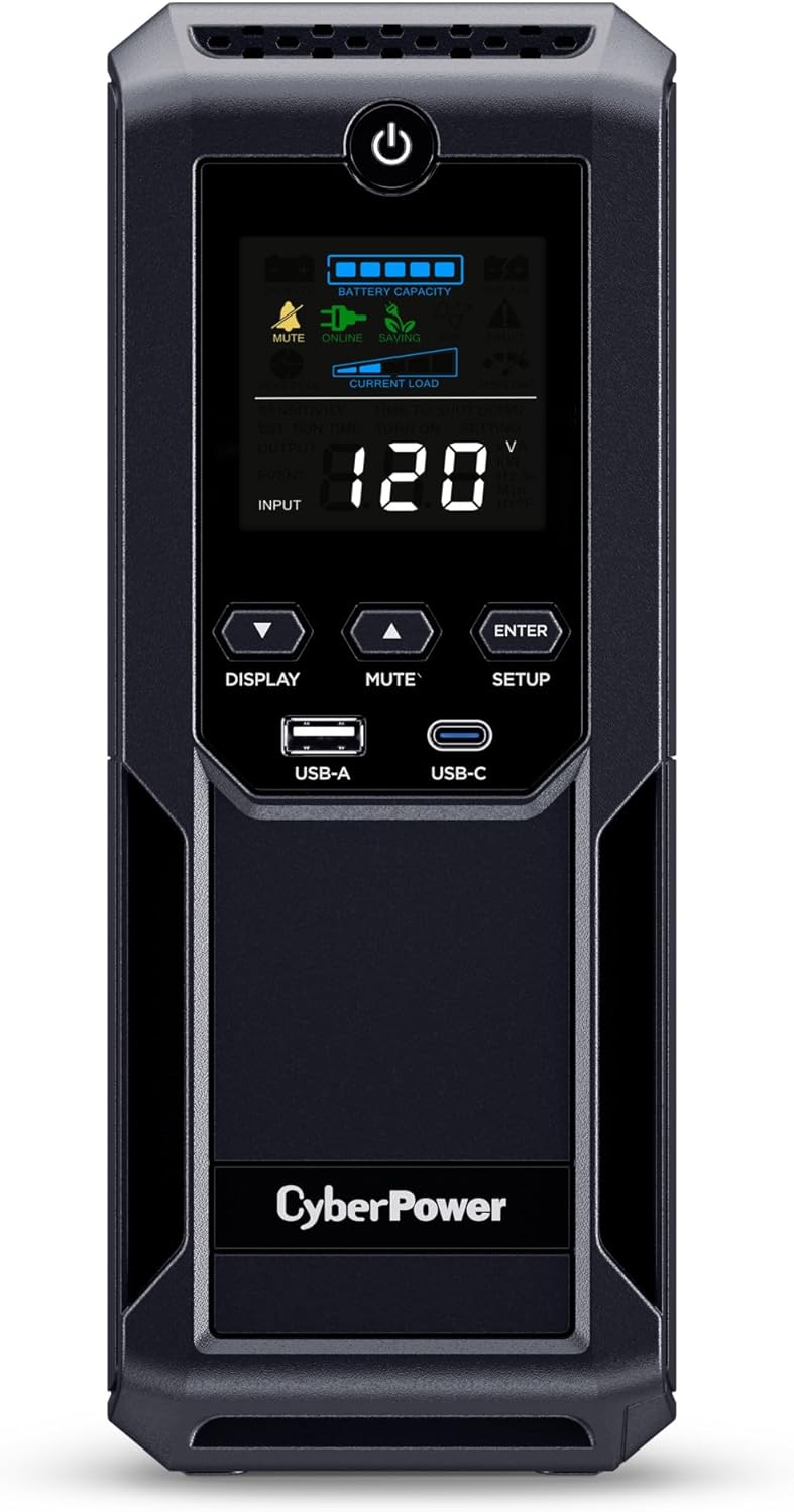 CyberPower CP1500AVRLCD3 Intelligent LCD UPS Battery Backup and Surge Protector, 1500VA/900W, 12 Outlets, 2 USB Ports, AVR, Mini Tower, UL Certified