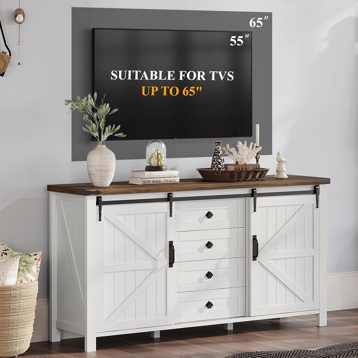 AMERLIFE 60" Farmhouse Dresser with Sliding Barn Doors, Rustic Dresser TV Stand with 4 Drawers, Storage Organizer for Bedroom/Entryway, Distressed White