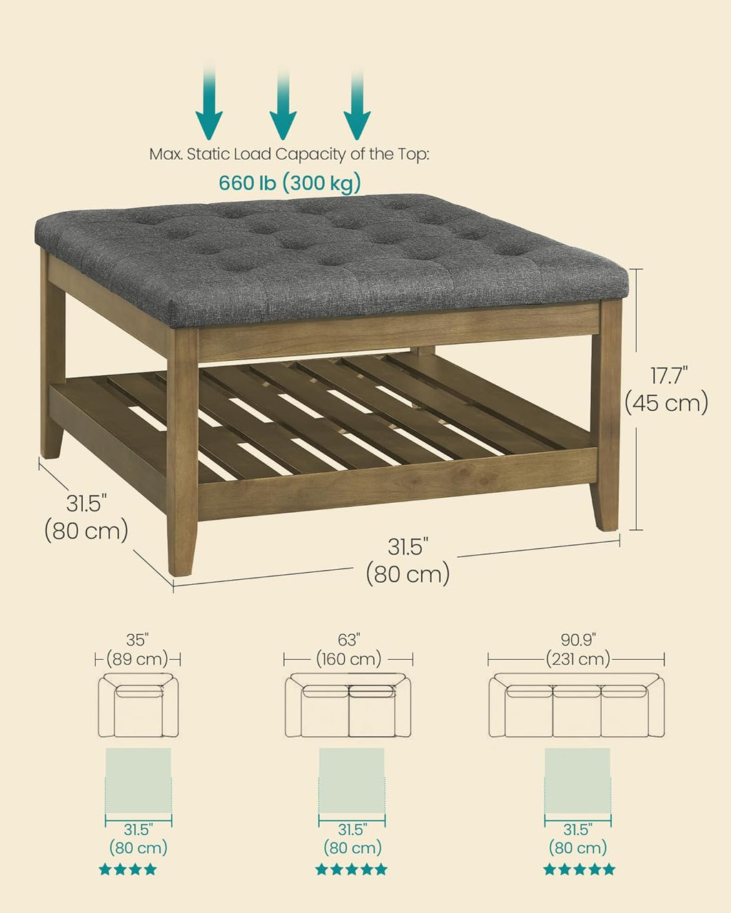 SONGMICS Storage Ottoman with Solid Wood Frame, Square Upholstered Ottoman Coffee Table, Footrest, Tufted Cushion, for Living Room, Easy Assembly, 31.5 x 31.5 x 17.7 Inches, Slate Gray ULSF008GN01