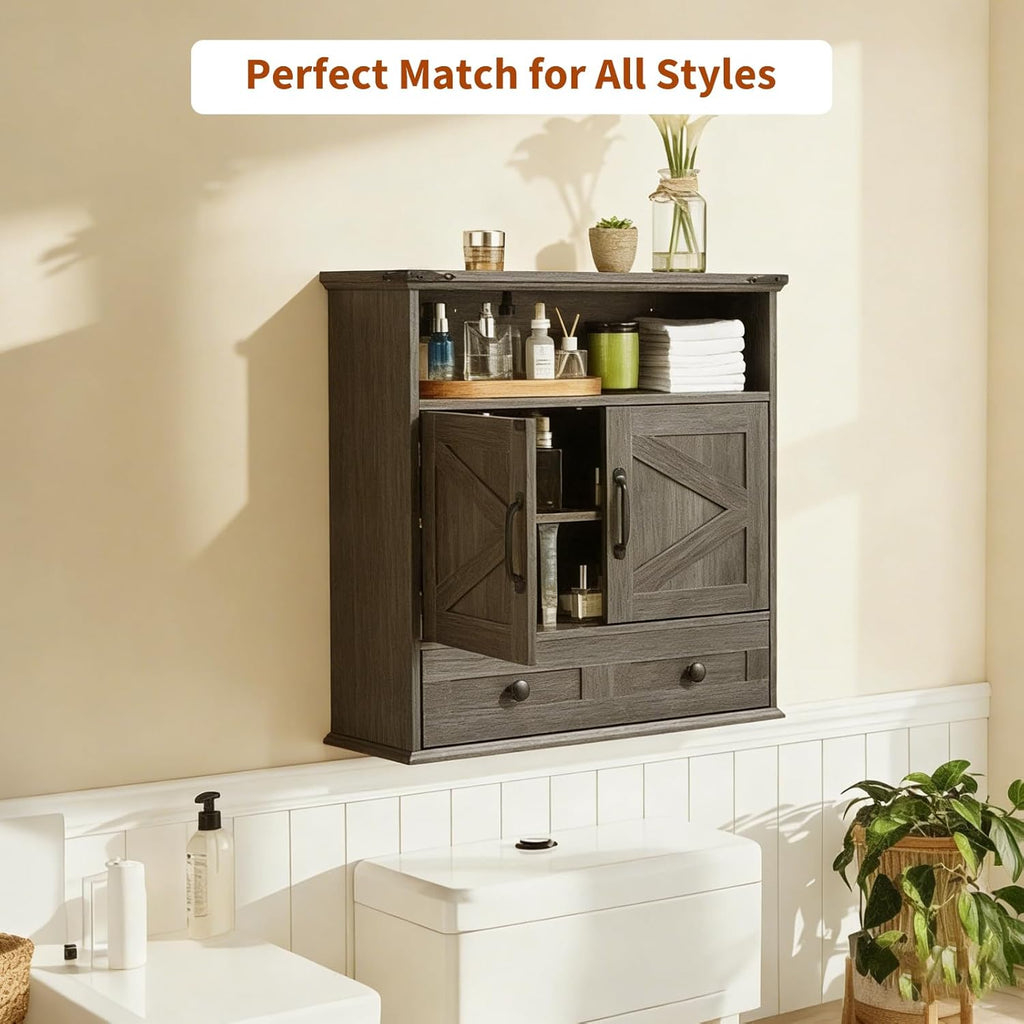 Wall Mounted Bathroom Cabinet with Barn Doors – 25" Wide Medicine Cabinet Over Toilet with Adjustable Shelf & Drawer, Hangging Storage Cabinet for Bathroom, Kitchen, Laundry, Entryway, Gray