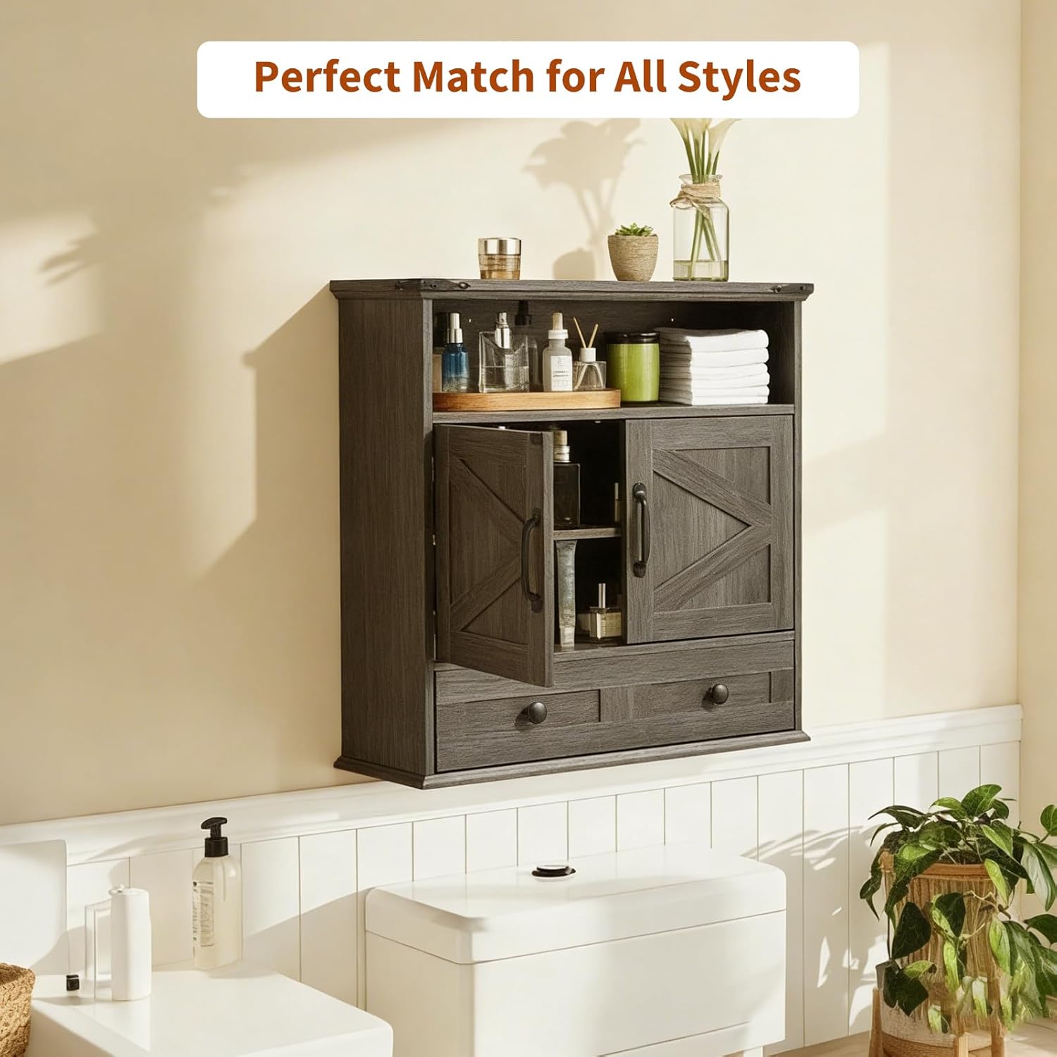 Wall Mounted Bathroom Cabinet with Barn Doors – 25" Wide Medicine Cabinet Over Toilet with Adjustable Shelf & Drawer, Hangging Storage Cabinet for Bathroom, Kitchen, Laundry, Entryway, Gray