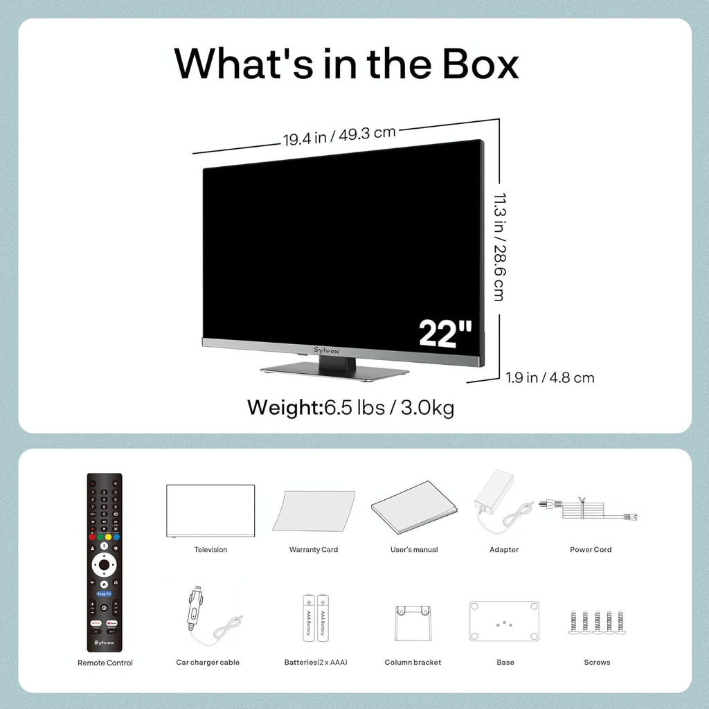 SYLVOX 22'' Smart RV TV, 12V/24V Google TV with Built-in DVD Player, 1080P Full HD RV Television, Anti-Vibration Design, Wide Voltage Protection (9–32V), Ultra-Narrow bezels(Limo Series 2026)